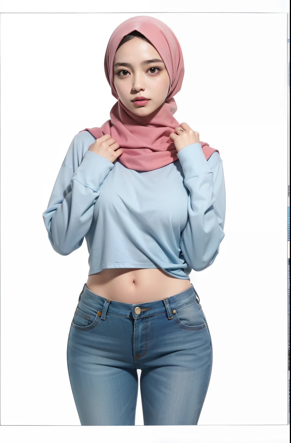 a cartoon of a woman in a hijab with her hands on her stomach, digitally colored, casual pose, fully - clothed!!!, hand on hips, by Naka Bokunen, half body portrait, halfbody portrait, half-body portrait, mid body portrait, cell shaded adult animation, wearing a blouse, clean lineart and color, head and waist potrait, big tits