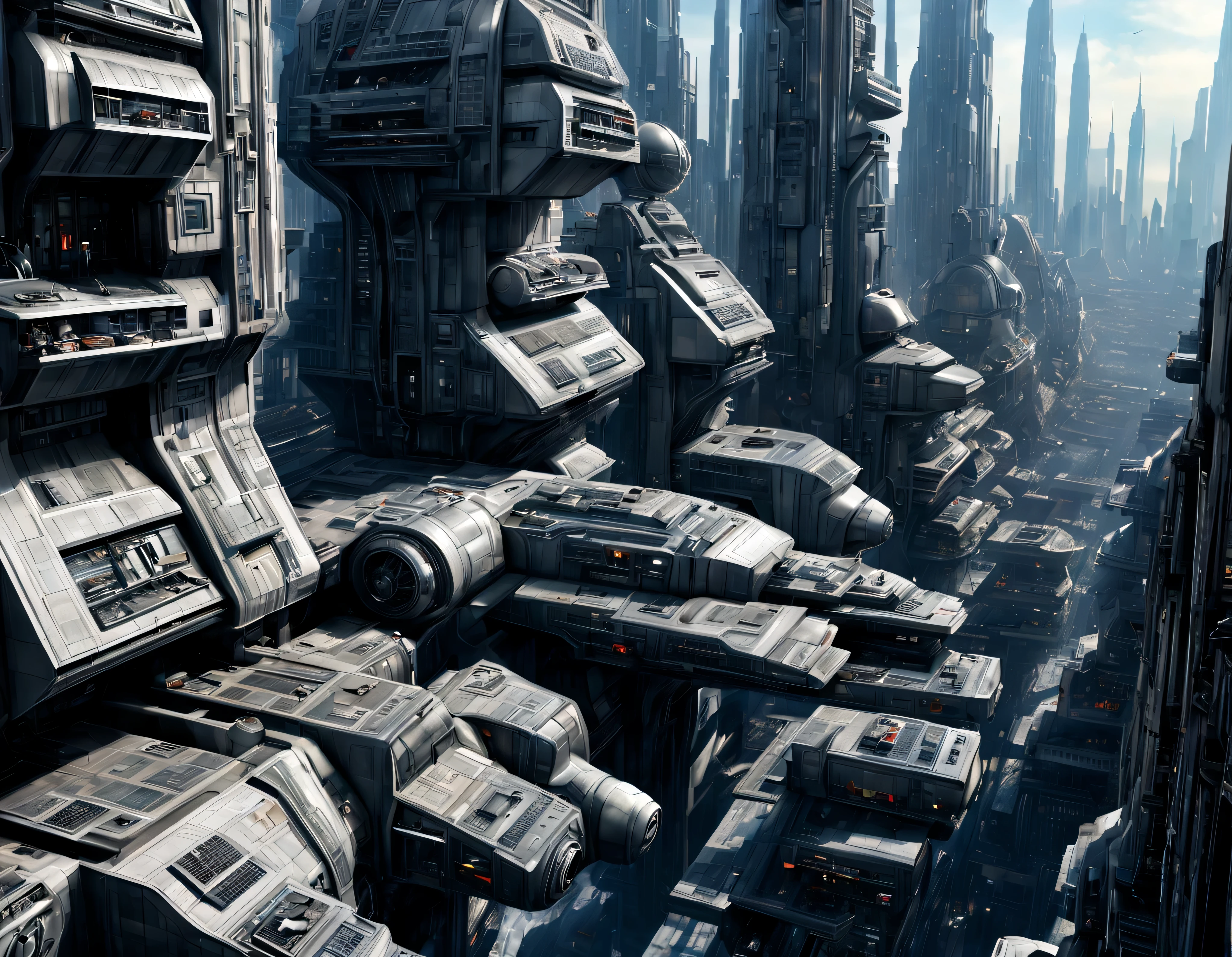 (The city of Coruscant from Star Wars as designed by Doug Chiang), futuristic fantasy city with immense buildings of technological design (que forman una avenida infinita), non-blurred compact buildings with metallic appearance, luces en ventanas en edificios, daylight lighting with sun, con estructuras acristaladas espectaculares, (con colores vivos). pavimento ensolado (sin brillo). gente paseando. imagen bien definida con muchos edificios juntos. sharp well defined 8k image. los edificios llegan alta el fondo.,8k. cinematographic image. ((obra maestra de superior calidad)). (renderizado 3D).