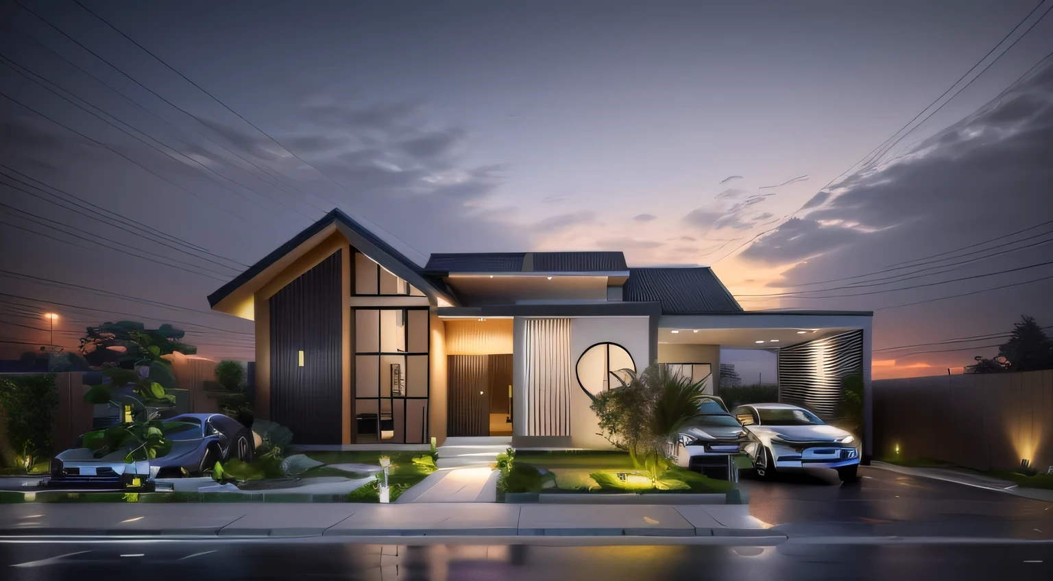 there is a car parked in front of a house with a car parked in front of it, overall architectural design, contemporary house, front view dramatic, frontview, lumion render, neotraditional modern, realistic render, concept house, wide angle exterior 2022, arhitectural shot, front perspective, one house, exterior design, front side