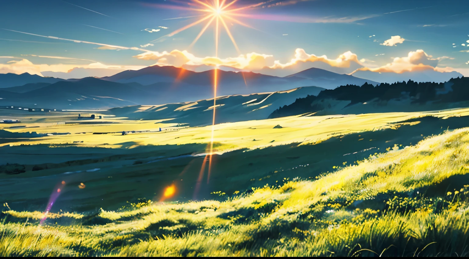 vast sky, beautiful skyline, wide grassland, moving visual effects, hanging north star, colorful natural light.