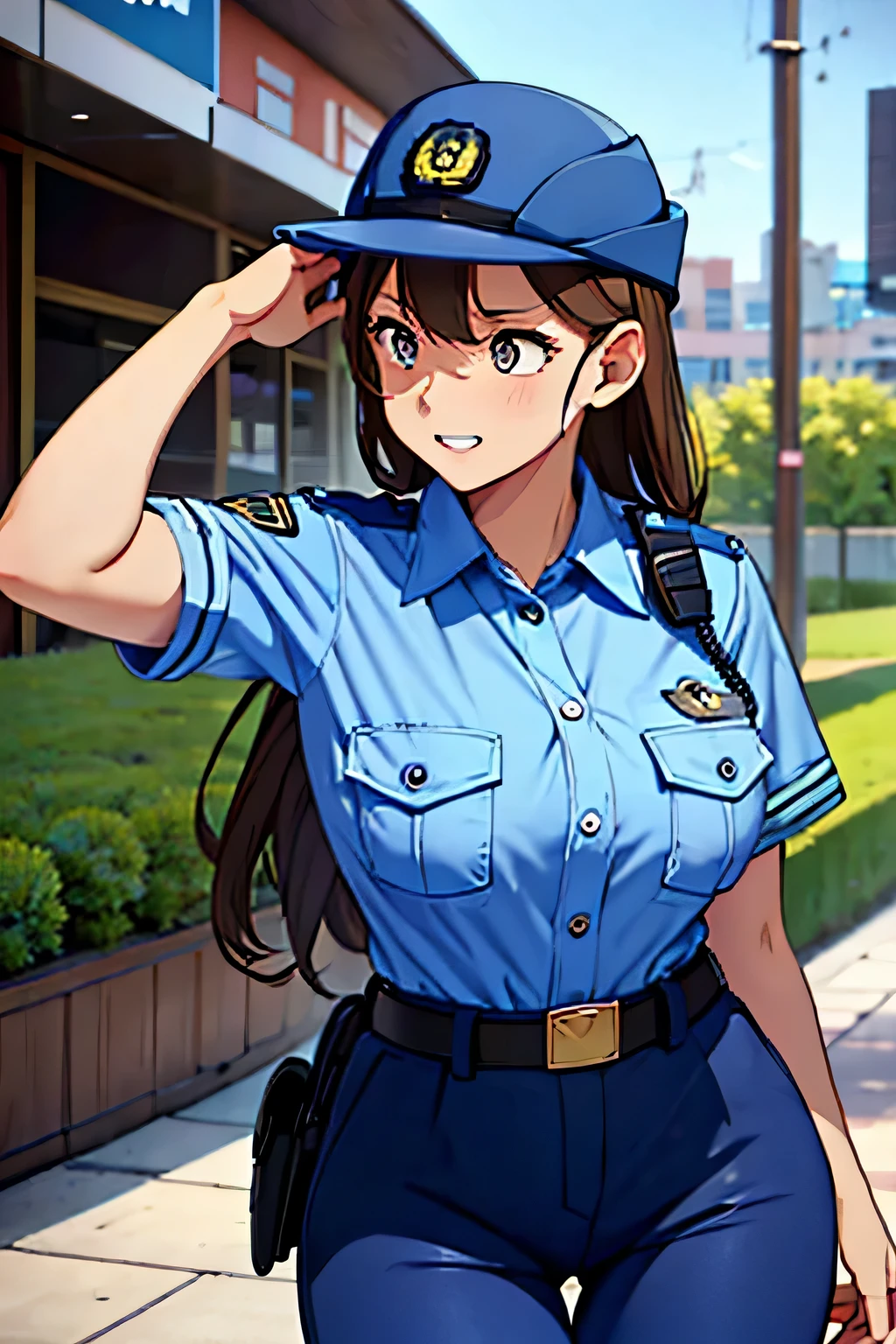 large breasts,police uniform, light blue shirt, blue pants, breast pocket, best quality, masterpiece,blue cap,black belt,policewoman,jp-police,brown hair