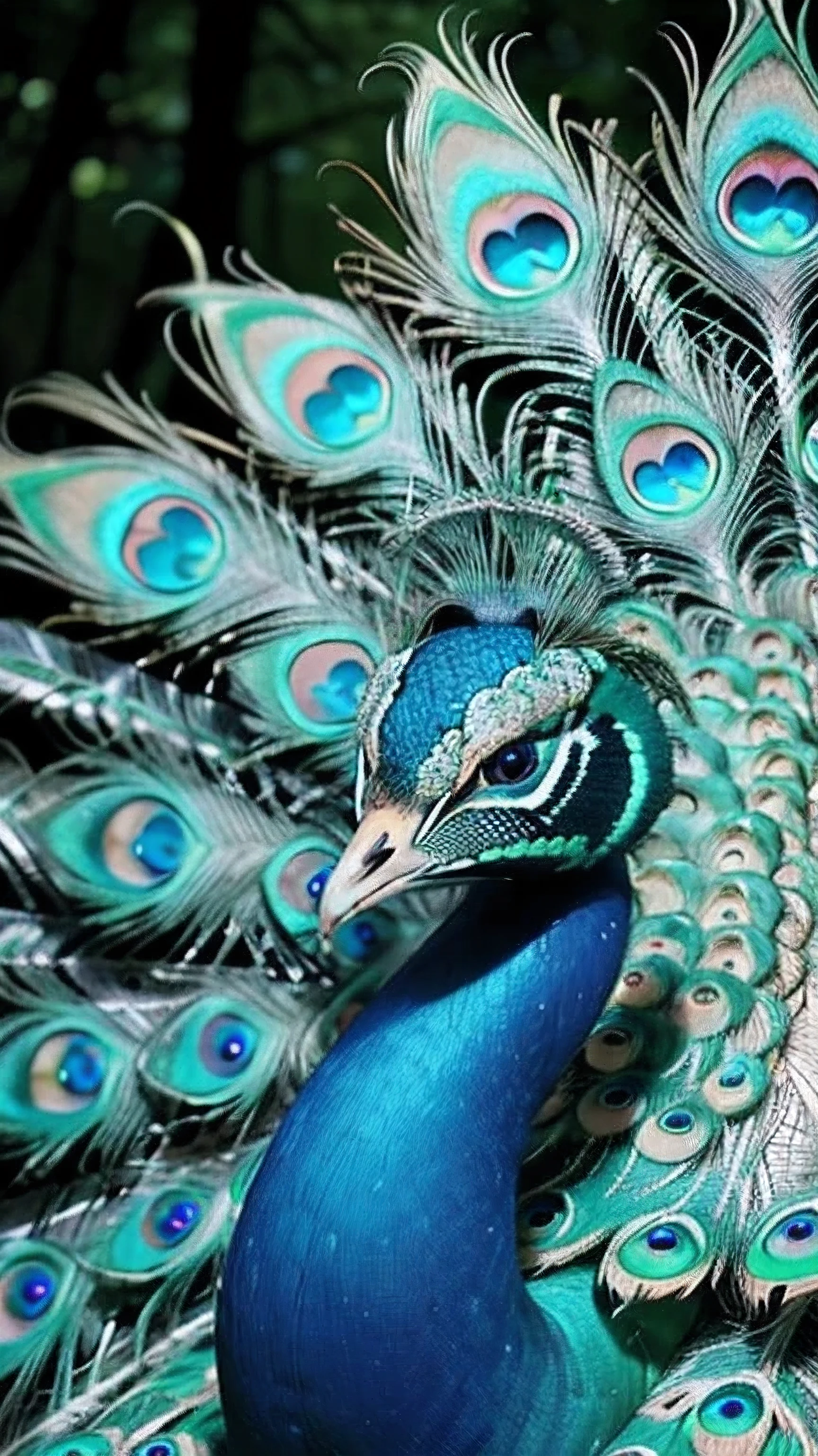 masterpiece, best quality, 8k, 4k, golden peacock, one peacock, ((Golden peacock)), Shining background, spread your wings, center of photo, close up of face, front, Luminous background, See here, blue sky, bright background in the forest