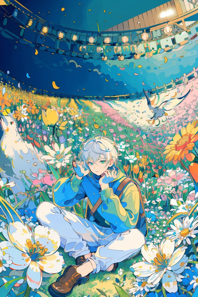 (masterpiece:1.2), best quality,PIXIV,fairy tale style,1 man with short white hair sitting in a field of green plants and flowers, warm lighting, white clothes, white pants, blurry foreground