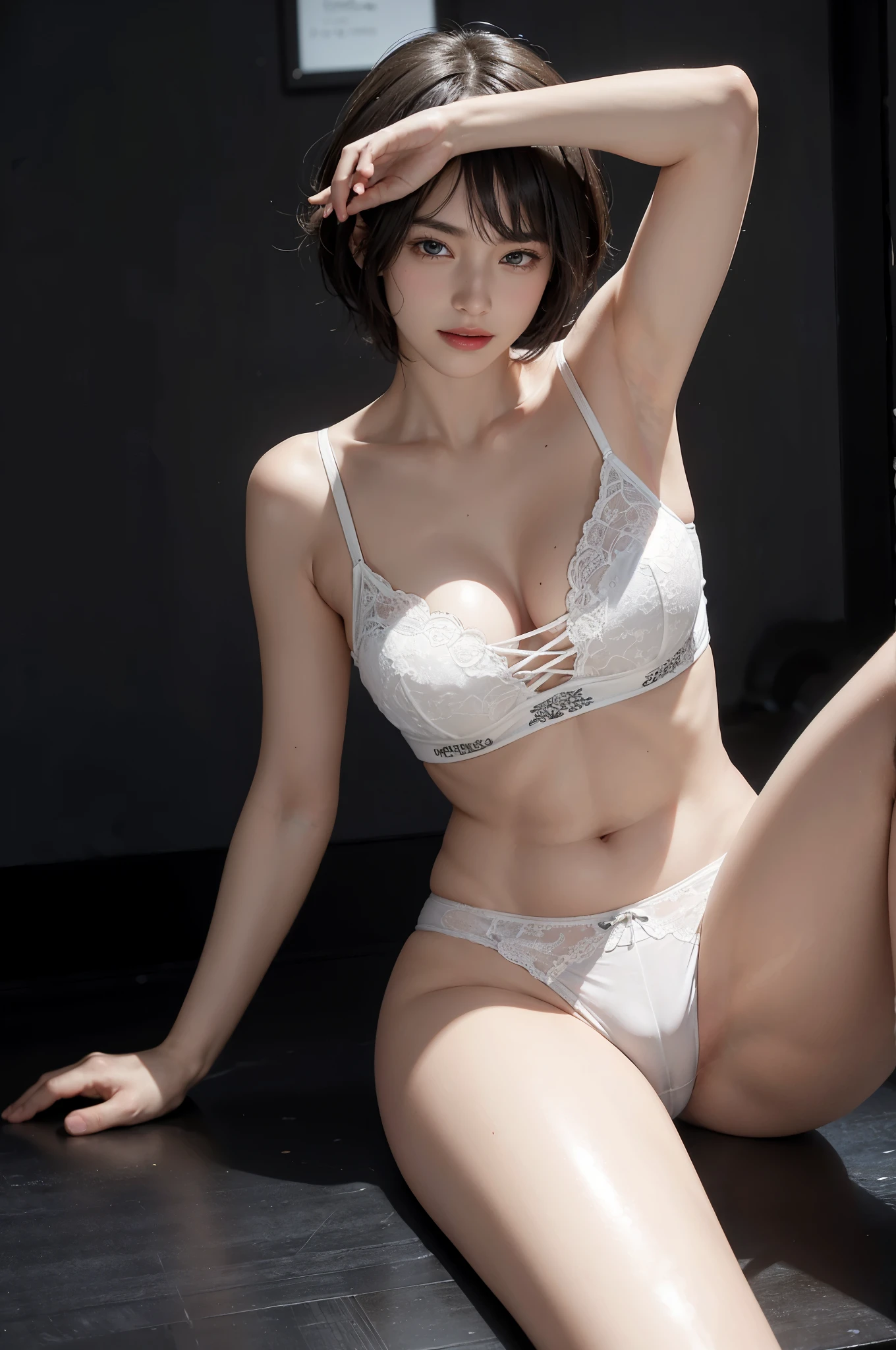 (surreal), (enlightenment), (High resolution), (8K), (very detailed), (The best enlightenmentns), (beautiful and fine eyes), (highest quality), (super detailed), (masterpiece), (wallpaper), (detailed face), beautiful appearance,full of sweat, whole body, long legs, armpit, short hair,inner color,alone,gray bra girl , medium breasts, smile, Wearing tight white panties, Because I'm slender, perfect anatomy