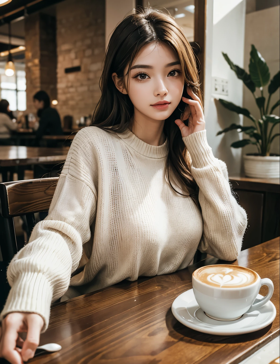 Sitting at a cozy cafe table in the morning sun、Illustration of a young and beautiful German woman facing forward(Portrait)Please make it in anime style.。Waist-length wavy black hair、She is wearing a simple white headband。White high neck(turtleneck)On a full sleeve of、Wear black high waisted pants。The morning sunlight gently illuminates the cafe.、Creating a warm and comfortable atmosphere around her。"
