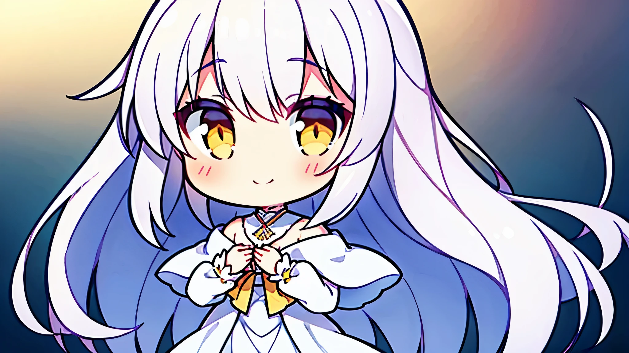 1 girl, young girl, alone, blush, (white hair), (very long hair), yellow eyes, ((flat chest)), ((No chest)), short white cloak, Long skirt in white, fold your hands and smile, ((detail makeup)), 8K, Super detailed, masterpiece, high quality, High resolution, high detail, detailed face, HD quality, lower grade students