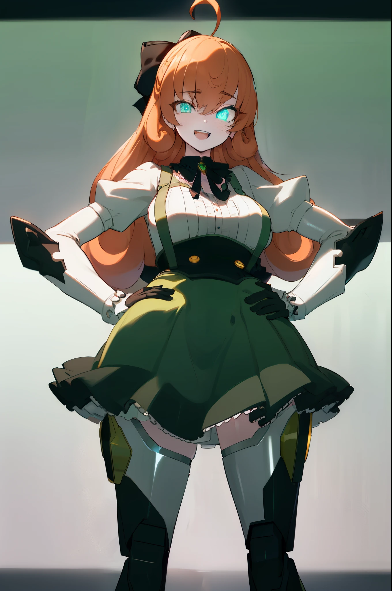 best quality, ultra detailed, 1girl, solo, masterpiece, best quality, high quality, highres, 4K, standing, salute, (hand on hip:1.3), smile, :D, Penny Polendina, curly hair, long hair, black bow, (neck ribbon:1.2), white blouse, black gloves, corset, green skirt, suspender skirt, white blouse, neon trim, mechanical legs, (beautiful detailed eyes:1.6), extremely detailed face, perfect lighting, extremely detailed CG, (perfect hands, perfect anatomy),