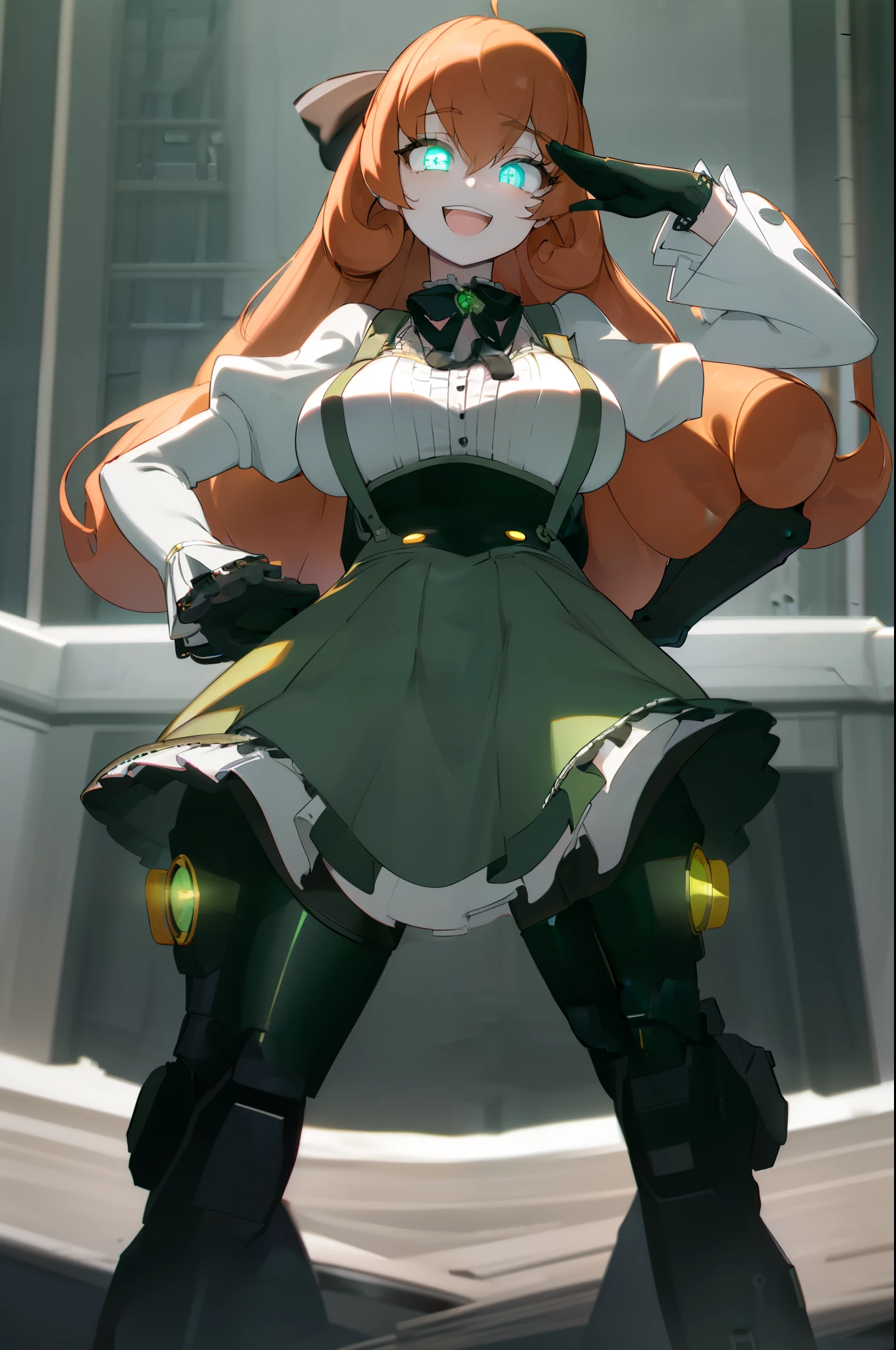 best quality, ultra detailed, 1girl, solo, masterpiece, best quality, high quality, highres, 4K, standing, salute, (hand on hip:1.3), smile, :D, Penny Polendina, curly hair, long hair, black bow, (neck ribbon:1.2), white blouse, black gloves, corset, green skirt, suspender skirt, white blouse, neon trim, mechanical legs, (beautiful detailed eyes:1.6), extremely detailed face, perfect lighting, extremely detailed CG, (perfect hands, perfect anatomy),