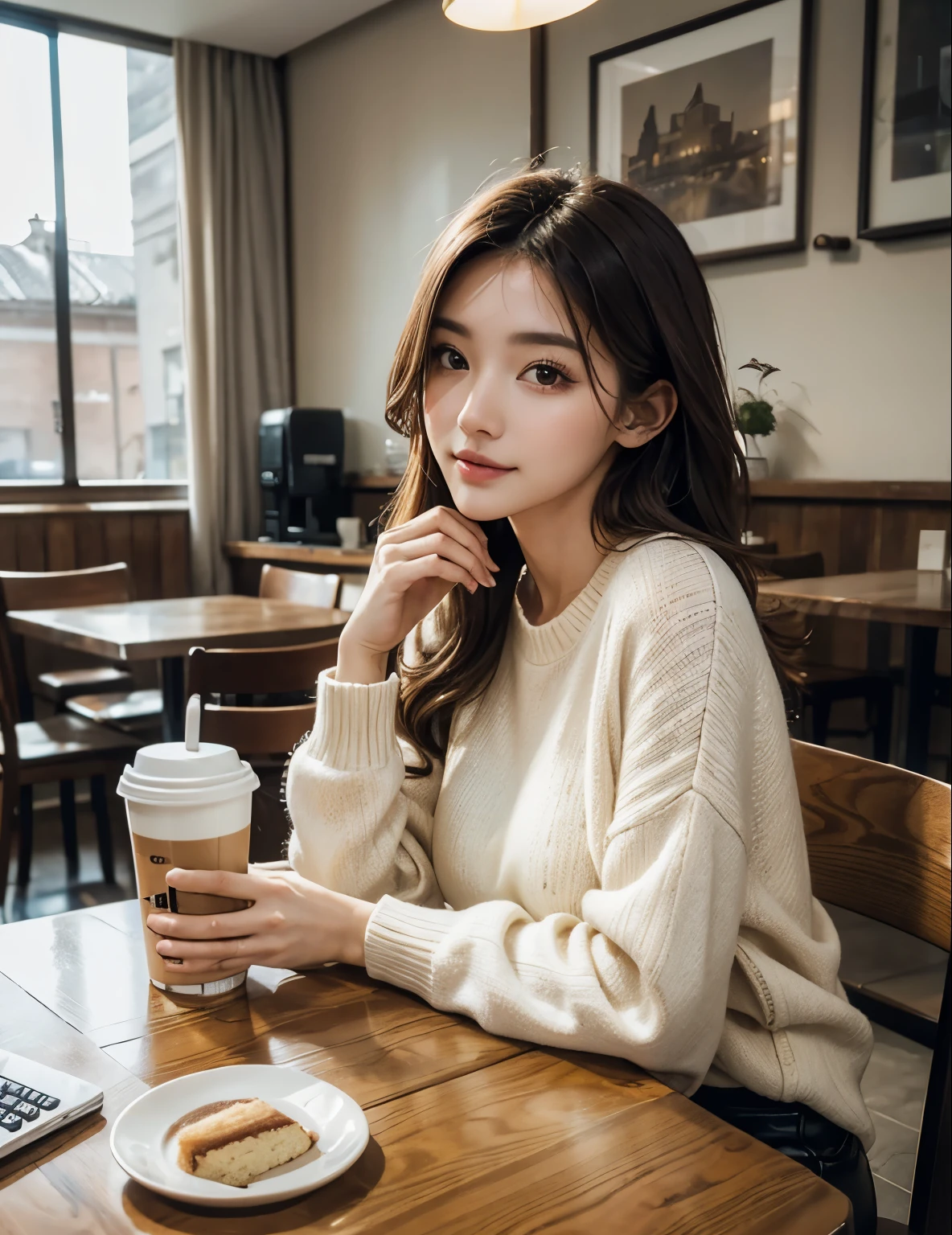advanced details, high quality, 最high quality, High resolution, 1080P, hard disk, Beautiful woman,coffee shop,coffee and cake on the table,Woman in white sweater,