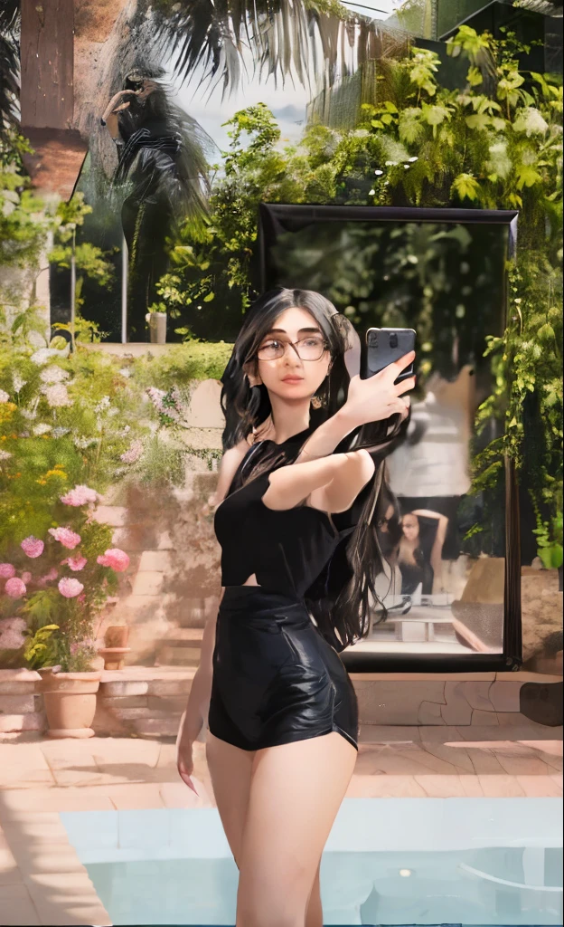 there is a woman taking a selfie in a mirror, mirror selfie, black top, selfie of a young woman, wearing a black shirt, 2 4 year old female model, wearing a cute top, wearing a black bodysuit, wearing black tshirt, she is wearing a black dress, standing in front of a mirror, black outfit, mia khalifa, wearing a black tshirt