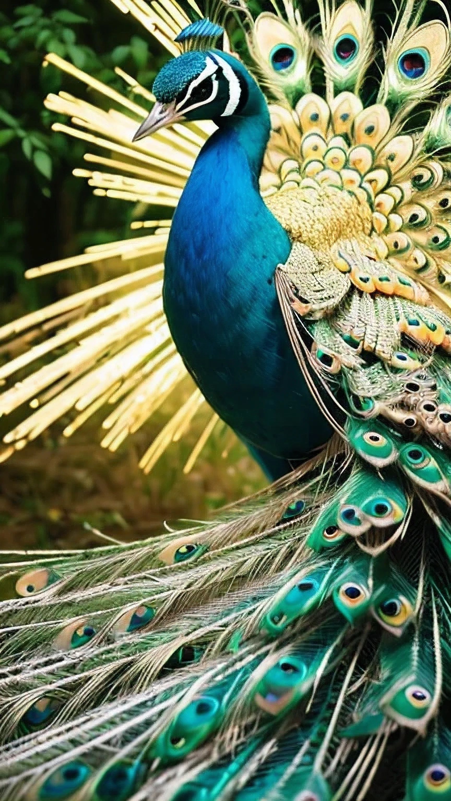 masterpiece, best quality, 8k, 4k, golden peacock, one peacock, ((Golden peacock)), Shining background, spread your wings, center of photo, close up of face, front, Luminous background, See here, blue sky, bright background in the forest, frontal face