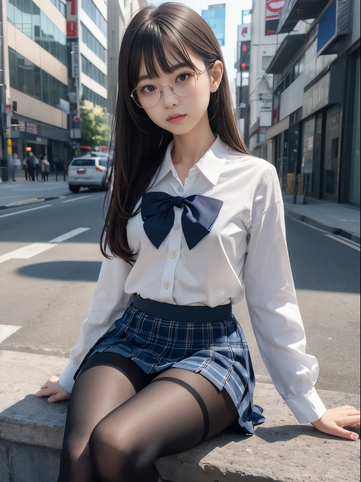 (I can see my underwear)、((細いeye))、((細いeye))、((細いeye))、(8K、生photographgraphy、highest quality、masterpiece：1.2),、small、(flat chest)、(flat chest)、(flat chest)、(flat chest)、(flat chest)、(Are thin)、Fair skin、Whitening、dark look、skinny,sex appeal,Fair skin肌,Saucy,School,looking at the viewer,looking straight ahead,high-pitched clothes,erotic,students,white skin,knees,(((black pantyhose)),((black pantyhose))),disorganized,(small face),(small face),I can see the forehead,Bangs hanging from the left and right sides of the forehead,(cold look,eyeがきつめ,glare,bullish,anger)、masterpiece,highest quality、ultra high resolution,生photograph,beautiful,beautiful,There is only one person, solo,Glasses,,dark look,small breasts same,full body,(まるGlasses),JK uniform,high school girl,japanese woman, （photorealistic：1.37）、photon mapping,Reality、beautiful woman,cute baby face,ブラウンeye、black socks、(red bow tie)、radio city、Physically based rendering、depth of field rally background、photograph,body,beautiful feet, long legs, thin legs,(I can see my bangs), Hairy pubic area, lips, blue_eye, nose soft,(light blue dress shirt), (Navy, blue and white plaid pleated skirt), kneesが見える,transparent clothing,, Peaches, black cotton socks,Nogizaka Idol, , japanese idol