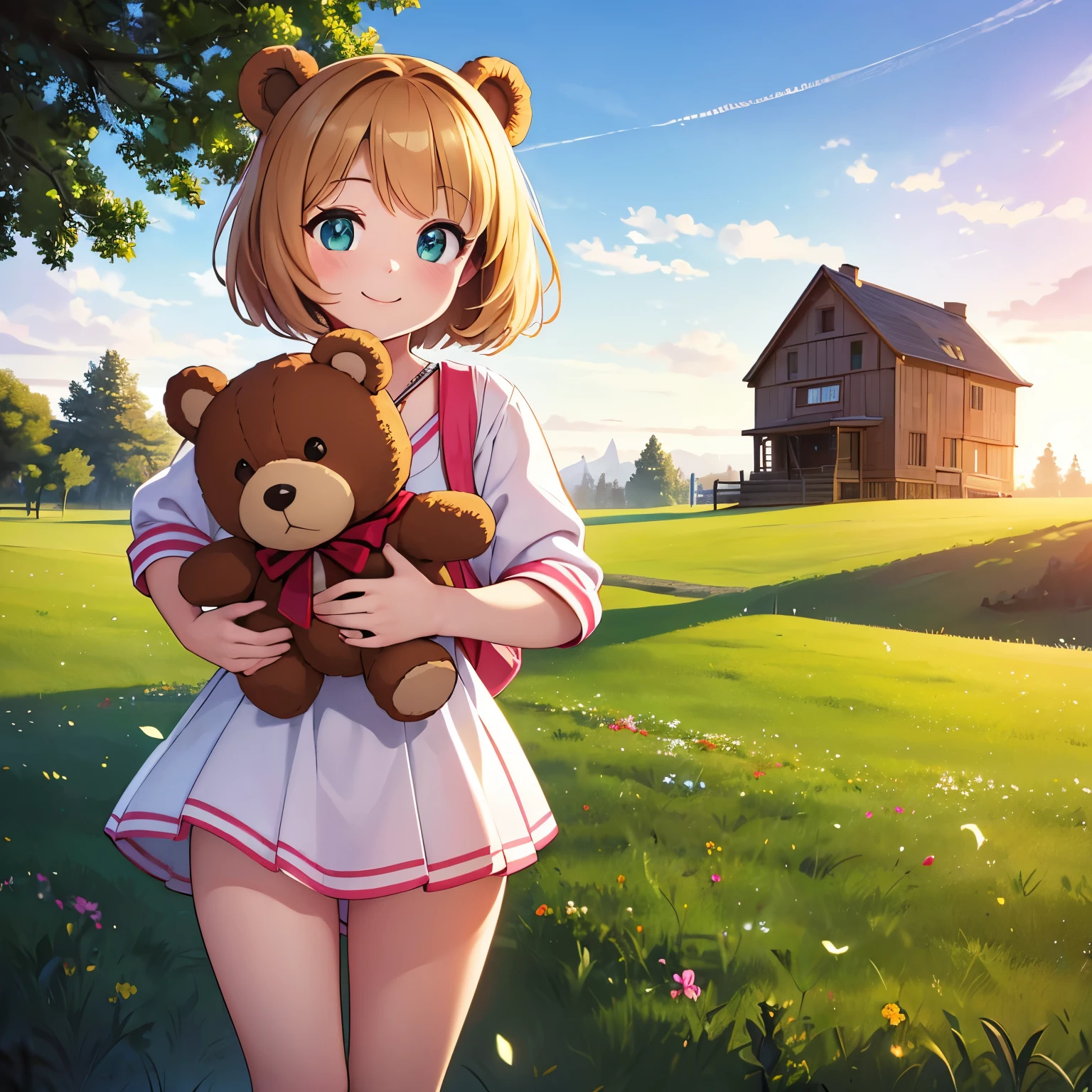 (best quality,4k,8k,highres,masterpiece:1.2),ultra-detailed,(realistic,photorealistic,photo-realistic:1.37),Illustration,Octane Render,morning park,a walking with a teddy bear, the girl has a bun hairstyle and a smiling face, vibrant colors, soft sunlight, beautiful flowers, green grass, playful atmosphere, peaceful environment,detailed textures, vibrant colors, cute teddy bear outfit, joyful expression