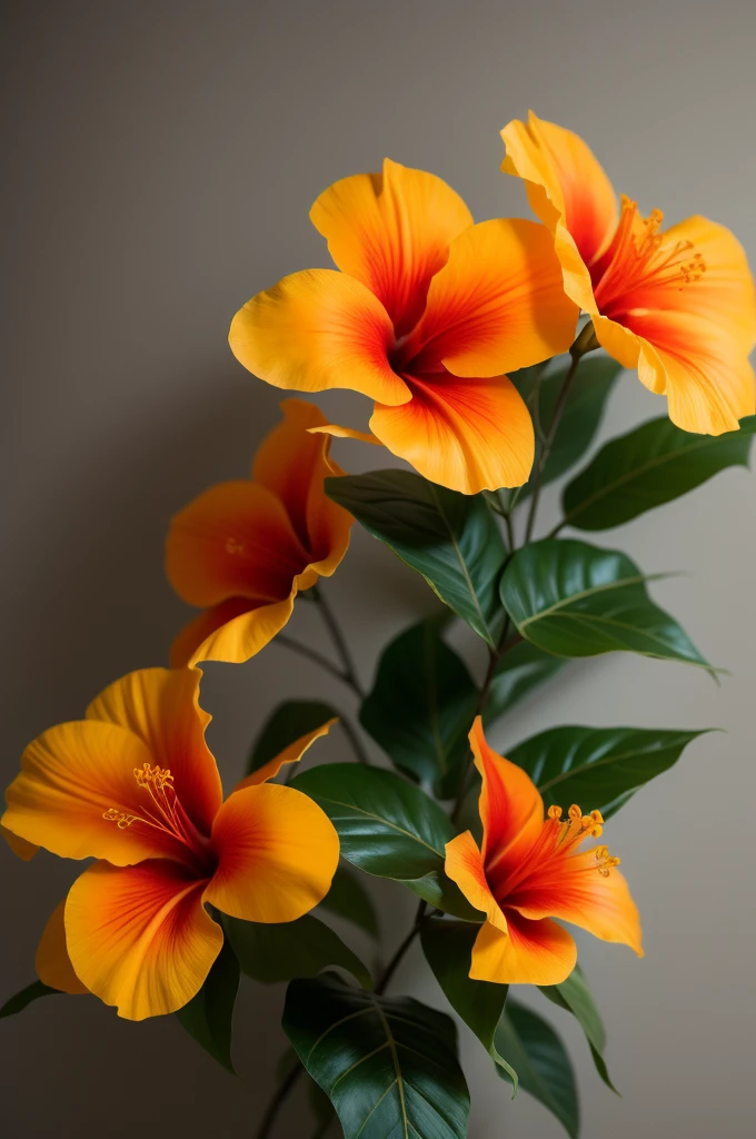 there are two orange flowers on a branch with green leaves, on a gray background, blooming tropical flowers, beautiful tropical flowers, hibiscus flowers, flower, large exotic flowers, hibiscus, tropical flowers, tropic plants and flowers, red blooming flowers, flowers and foliage, tropical flower plants, with colored flowers, photorealistic illustration, decorative flowers, beautiful flower, vibrant red hibiscus