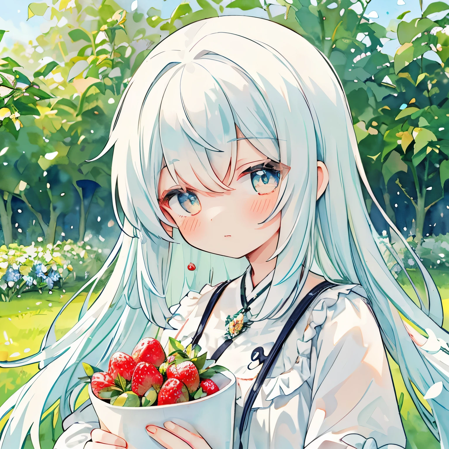 transparent watercolor、with a girl、Jewel Eyes,Beautiful arrangements and motifs、Original、large depth of field、strawberry-like clothes、strawberry motif fairy、White corolla、grassland、scatter flowers、fun