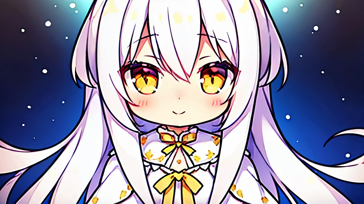 1 girl, young girl, alone, blush, (white hair), (very long hair), yellow eyes, ((flat chest)), ((No chest)), short white cloak, Long skirt in white, fold your hands and smile, ((detail makeup)), 8K, Super detailed, masterpiece, high quality, High resolution, high detail, detailed face, HD quality, lower students