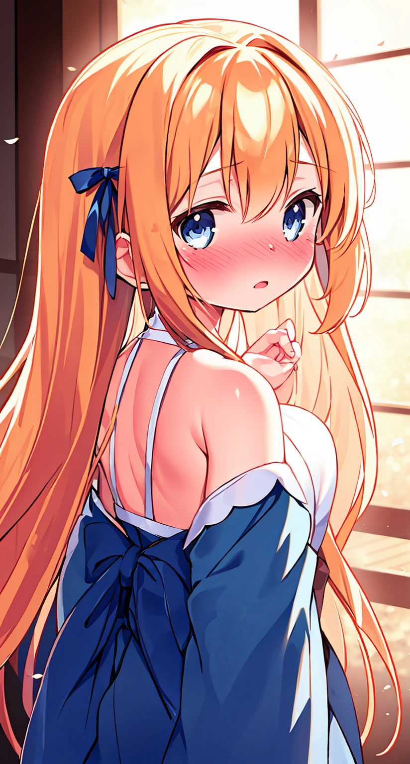 official art,1 girl, chibi,a little Lovely girl,kawaii,Lovely,long golden hair,One side uo,blue eyes,alone, japanese clothes,  hair white ribbon, (Shy,nose blushing,confuse,:1.14),unsheathing, sheath, (Upper body:1.11),Bareback, Off the shoulders, bare shoulders,panicked, look back, (from behind, (from the side:0.85):1.18),flower, looking at the audience,  cosmetic, indoors