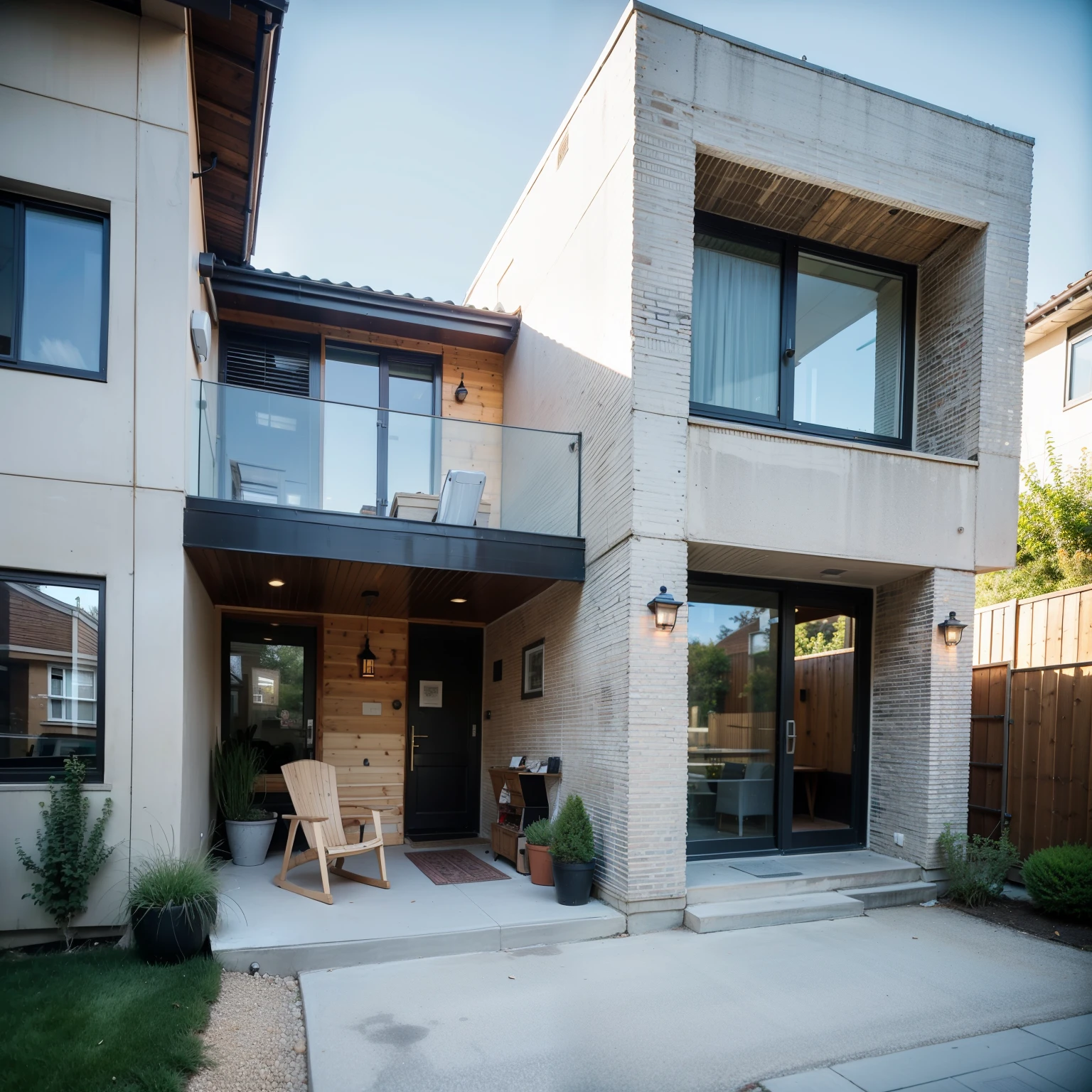 small house with a patio and a garden chair, 19th-century decorative brick, conceptual house, non-traditional modern, passive house, modern style, contemporary house, modern home, exterior project, architectural perspective, in an ultra-realistic style, comprehensive architecture project: Caroline Mytinger, modern loft house, open wall with brick architecture, modern arrangement.