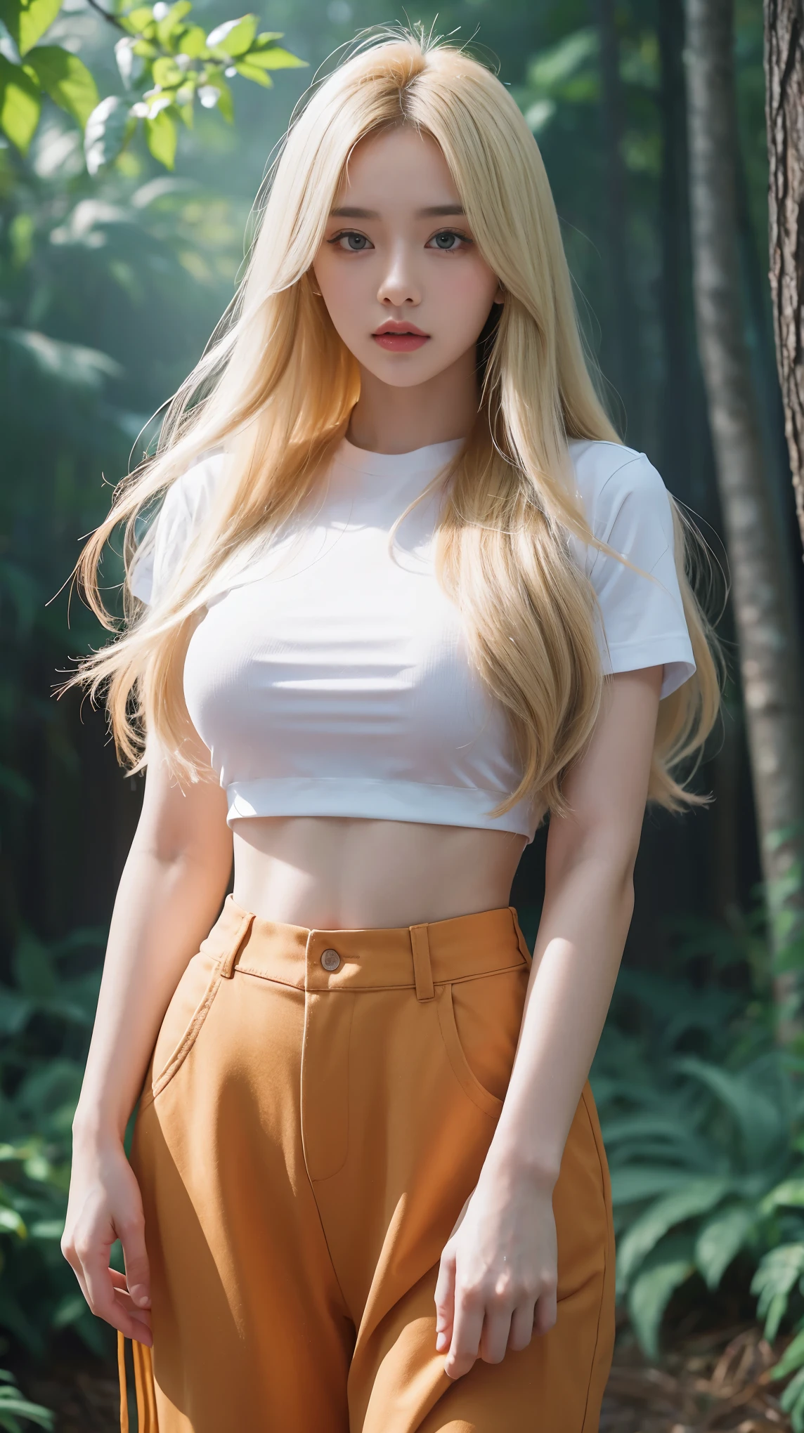 A woman long blonde hair and big  wearing crop top shirt transparent on the forest 