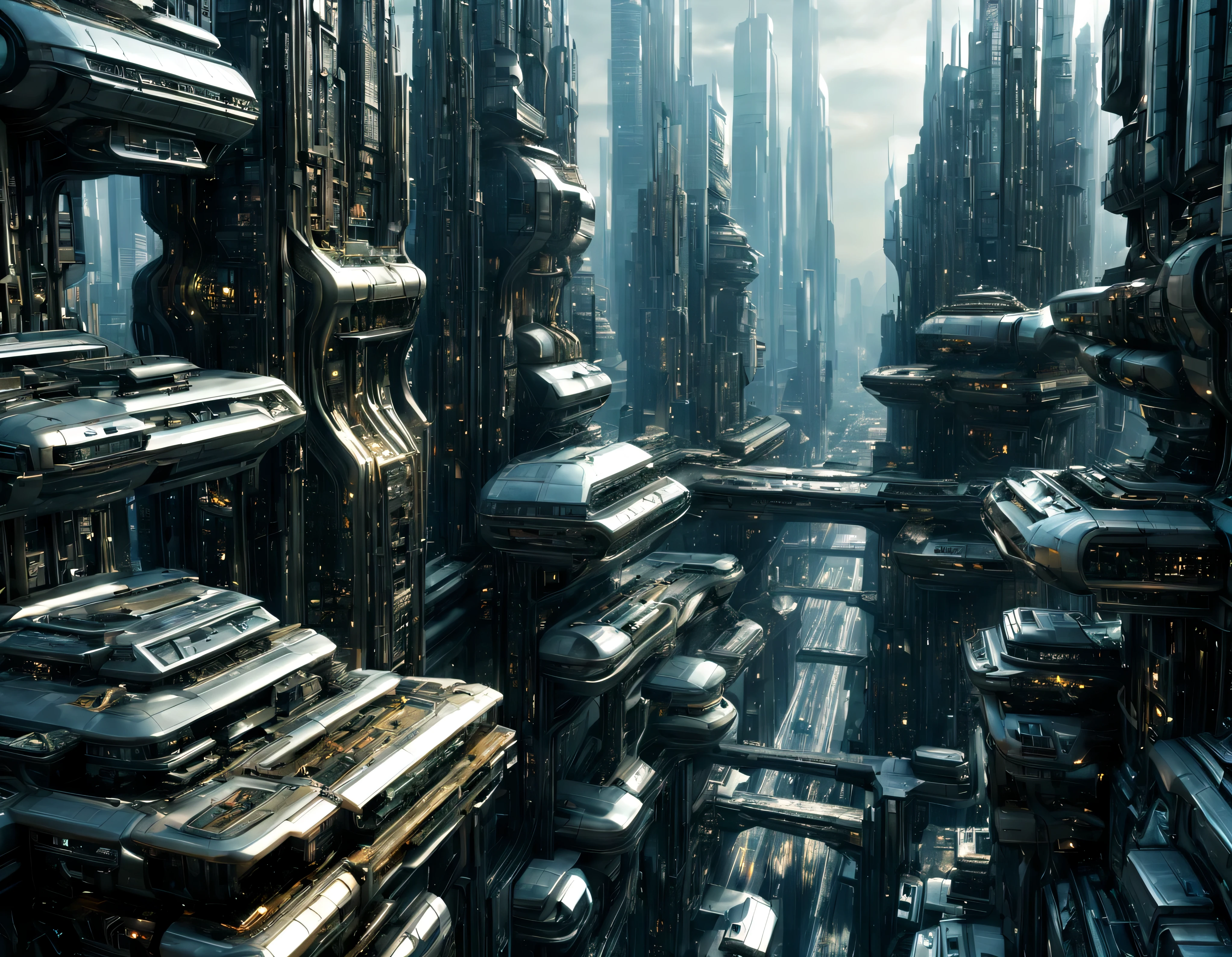 the city of megacity futuristic science fiction city as it would be in the year 3029, vista desde una terraza , with high-tech design , edificios de metal y cristal, highways crossing them, de una inmensidad impresionante, con el empleo de oro , silver and bronze in its construction, realmente impresionante a la vista, imagen bien definida, sharp well defined background, con muchos edificios juntos. sharp well defined 8k image. los edificios llegan alta el fondo.,8k. cinematographic image, renderizado 3d, ((obra maestra de superior calidad)).