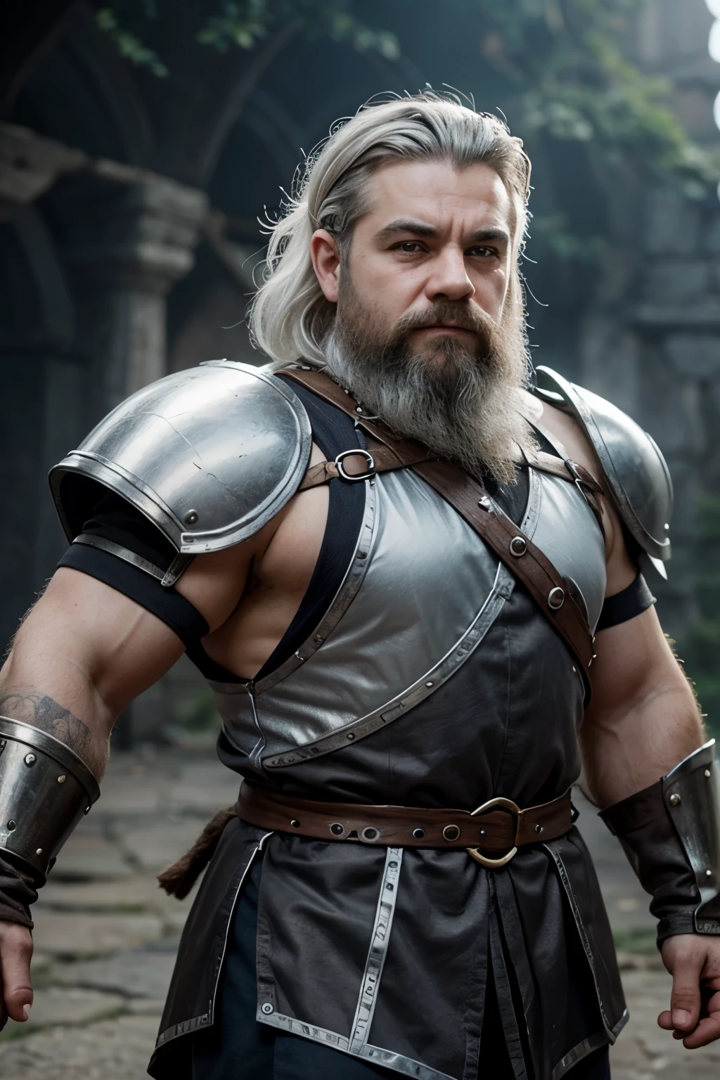 dwarf fighter man with white hair and bright grey eyes in plate mail