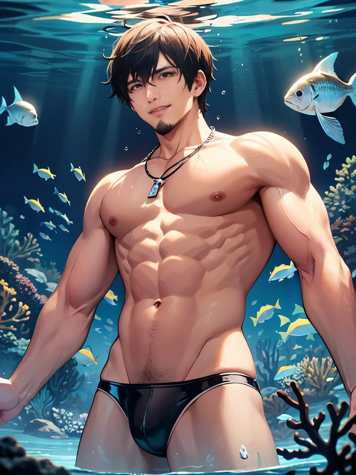 (Highest quality authentic textured skin),(abyssal), A muscular boy swims in the deep sea,Delicate facial features,Burning bright and cold eyes,Sexy short beard,Strong body,Shirtless,Bronzed skin,musculous,(He had a mischievous smile on his face),brown hair,(Dramatic photo:1.4),(flamboyant photo),(Looking down),(A simple necklace hangs around his neck),(Hair flows in water),(Underwater, Marine life, Beautiful coral reef, Fish),(Vortices and tidal currents in the background),(Dramaticlight),(Magnificent scene),(Surrounded by beautiful fish),In the distant background is a temple submerged in a coral reef,the reef,Epic realism,Cinematic feeling,(high-density imaging review:1.5),(Soft color:1.2),Ultra detailed,Dramaticlight,(intricately details:1.1),the complex background,