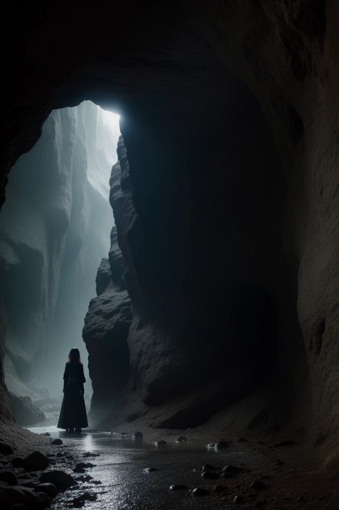 dark atmospheric horror, middle aged witch in a cave from far, (RAW photo, real, best quality, masterpiece:1.2), detailed, (hyper realistic, photo-realistic:1.2), high quality, (dark lighting:1.2), perfect lighting
