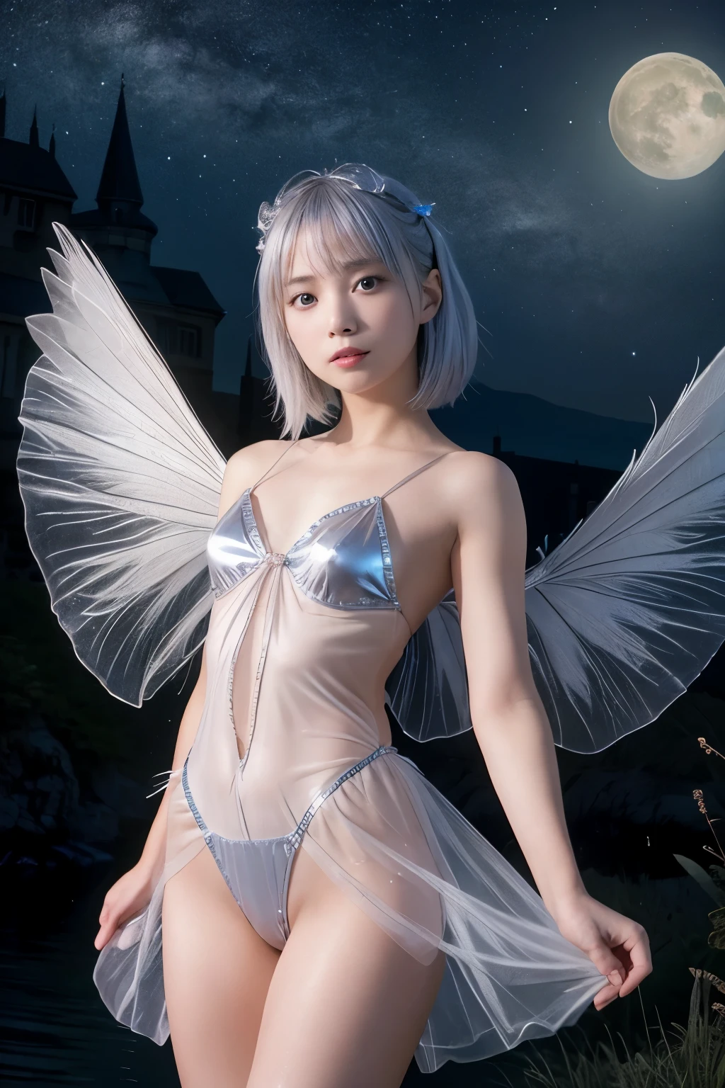 (8K、Live shooting、realistic:1.25)、1 girl、Tinkerbell looks like a 22 year old girl with a beautiful face、night view、on top of an old castle、angle from below、The moon is out、(silver hair、dance in the air:1.2)、Fairy wings are transparent and sparkling、whole body、swimsuit covered with feathers、lip gloss、Glossy skin、highest quality、ultra high resolution、