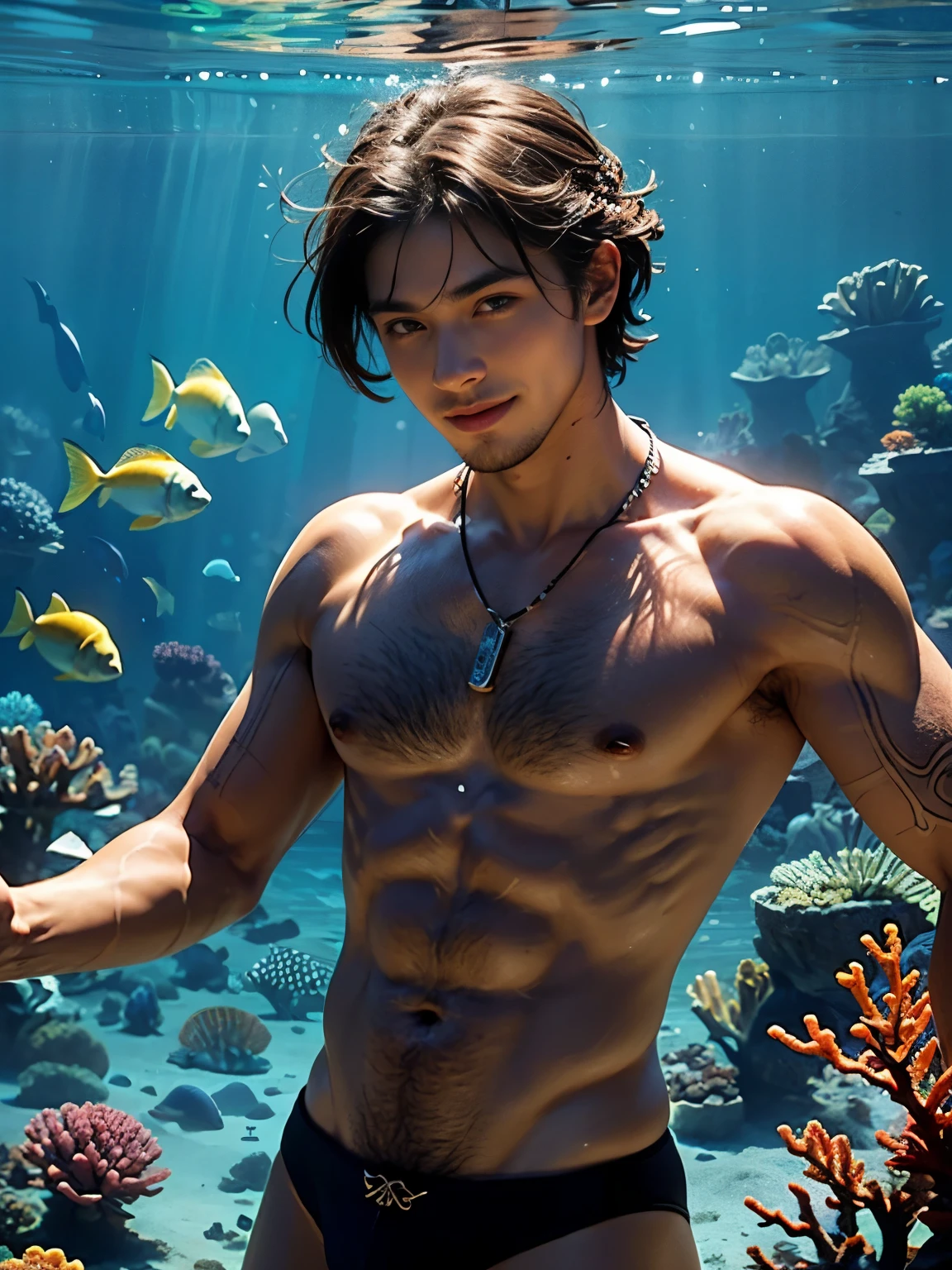 （Highest quality authentic textured skin),(abyssal), A muscular boy only wearing a small micro thong swims in the deep sea，alot of beautiful fishes around him, Delicate facial features，Burning bright and cold eyes，Sexy short beard，Strong body，Shirtless，Bronzed skin，musculous，(He had a mischievous smile on his face),brown  hair,(Dramatic photo:1.4),(flamboyant photo)，(Looking down),(A simple necklace hangs around his neck),(Hair flows in water),(Underwater, Marine life, Beautiful coral reef, Fish),(Vortices and tidal currents in the background),(Dramaticlight),(Magnificent scene),(Surrounded by beautiful fish),In the distant background is a temple submerged in a coral reef,the reef,Epic realism,Cinematic feeling,(high-density imaging review:1.5),(Soft color:1.2),Ultra detailed,Dramaticlight,(intricately details:1.1),the complex background,
