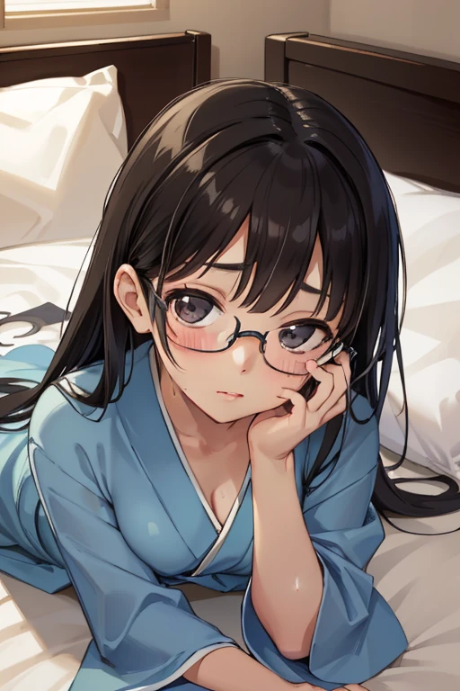 absurderes、masterpiece、top-quality、realisitic、Hyper-detailing、(skin gloss)、(Angle from directly above)、nsfw, 1pure innocent lady, late s, (look up at viewer with lovingly gaze:1.1), beautiful, ((((cute face:1,5)))),(big breasts:1.1), Sweat,black hair, (bangs), side lock, black very long hair, black eyes,(slim:1.2),kimono,(glasses),a bed,PILLOWS,lying on bed,(bare kimono:0.7)