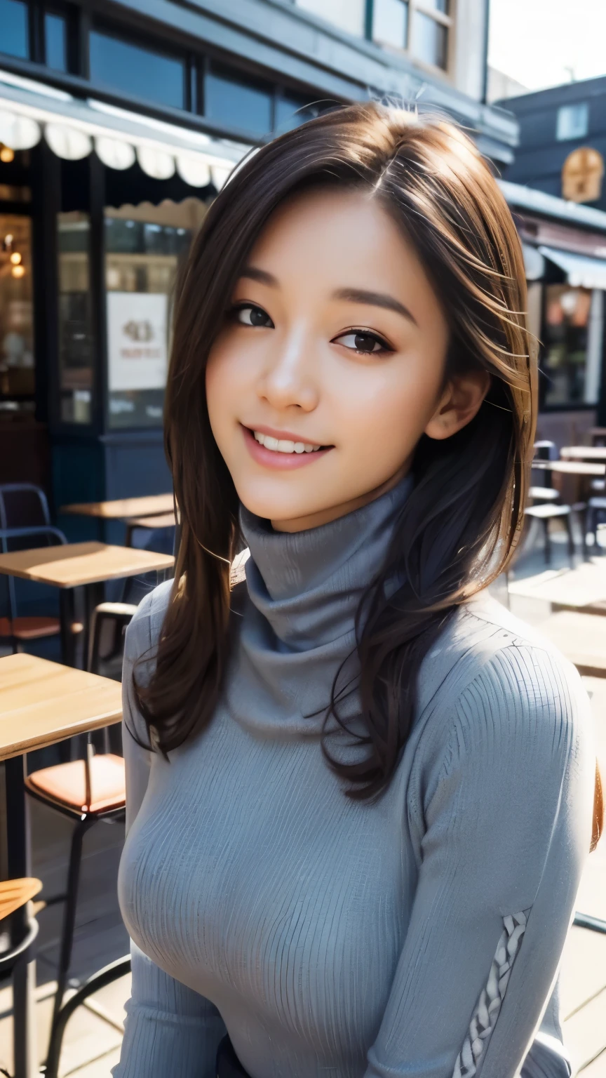 ((young woman sitting in front of a cafe)),((turtleneck shirt:1.3)). 40k, photograph, masterpiece, highest quality, dark gray background, ), ((plump breasts)), perfectionな顔, perfection , ((huge breasts)), ((One girl with brown eyes and gorgeous bright black hair)). beautiful japanese woman，perfectly soft breasts and white skin, ((very soft breasts)). super detailed face, fine eyes, embarrassing, smile, summer, daytime, (((slave collar))), Half body, dated