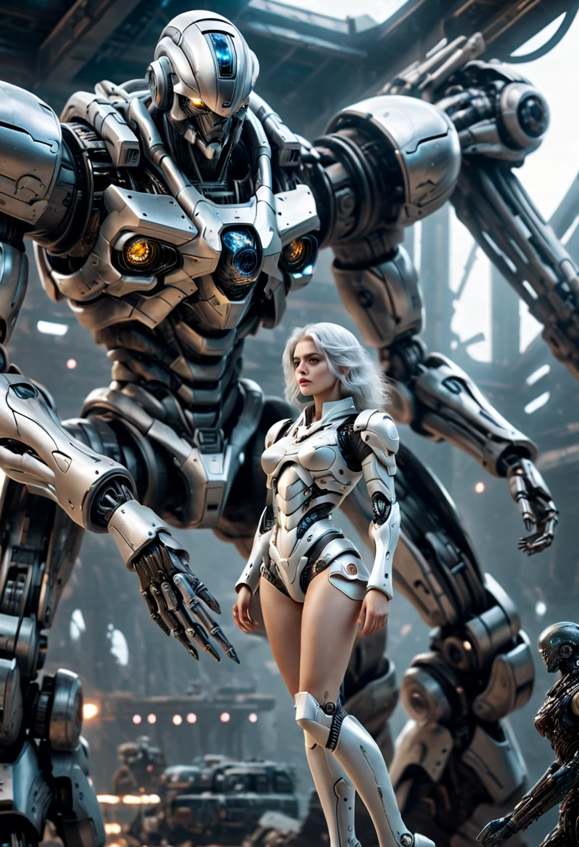 （（tmasterpiece，best qualtiy）），Beautiful 8K Ultra HD professional photos, Sharp focus, In a stunning fantasy world,Fully armed silver-haired girl and large mechanical robot structure，anatomy correct，Interstellar，Endless space，ssee-through，depth of fields，Magnificent space image scene，