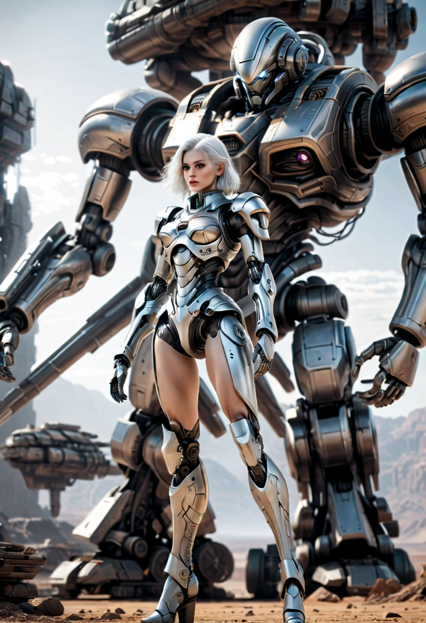 （（tmasterpiece，best qualtiy）），Beautiful 8K Ultra HD professional photos, Sharp focus, In a stunning fantasy world,Fully armed silver-haired girl and large mechanical robot structure，anatomy correct，Interstellar，Endless space，ssee-through，depth of fields，Magnificent space image scene，