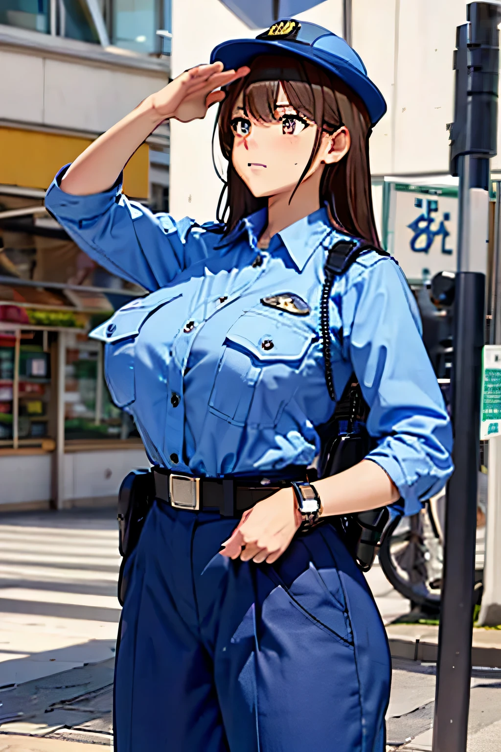 large breasts,police uniform, light blue shirt, blue pants, breast pocket, best quality, masterpiece,blue cap,black belt,policewoman,jp-police,brown hair