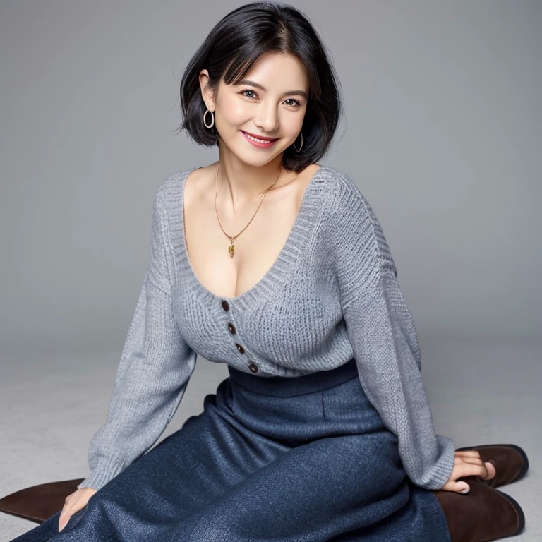 woman,30 years old,bob hair,black hair,plump nipples、(Gray sweater)、(blue long skirt), cute smile、((Pose that emphasizes the chest))、sexy hips、black boots、big necklace、cute earrings、(tilt your head a little)