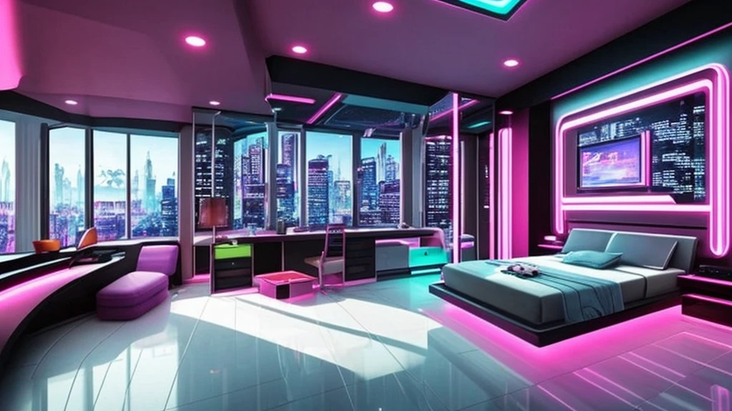 There is a bedroom with a bed and a chair, futuristic room, futuristic room background, Cozy 90s Bedroom Retro Futurism, futuristic decoration, Retro-futuristic apartment, Futuristic interior, cyberpunk teenager bedroom, Galaxy-themed rooms, futuristic decorationation, cyberpunk childrens bedroom, Cyberpunk Apartments, futuristic atmosphere, the Cyberpunk Apartments, in a cyberpunk themed room, futuristic looking living room、