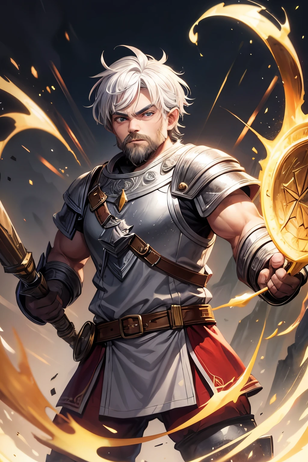 dwarf fighter man with white hair and bright grey eyes in plate mail