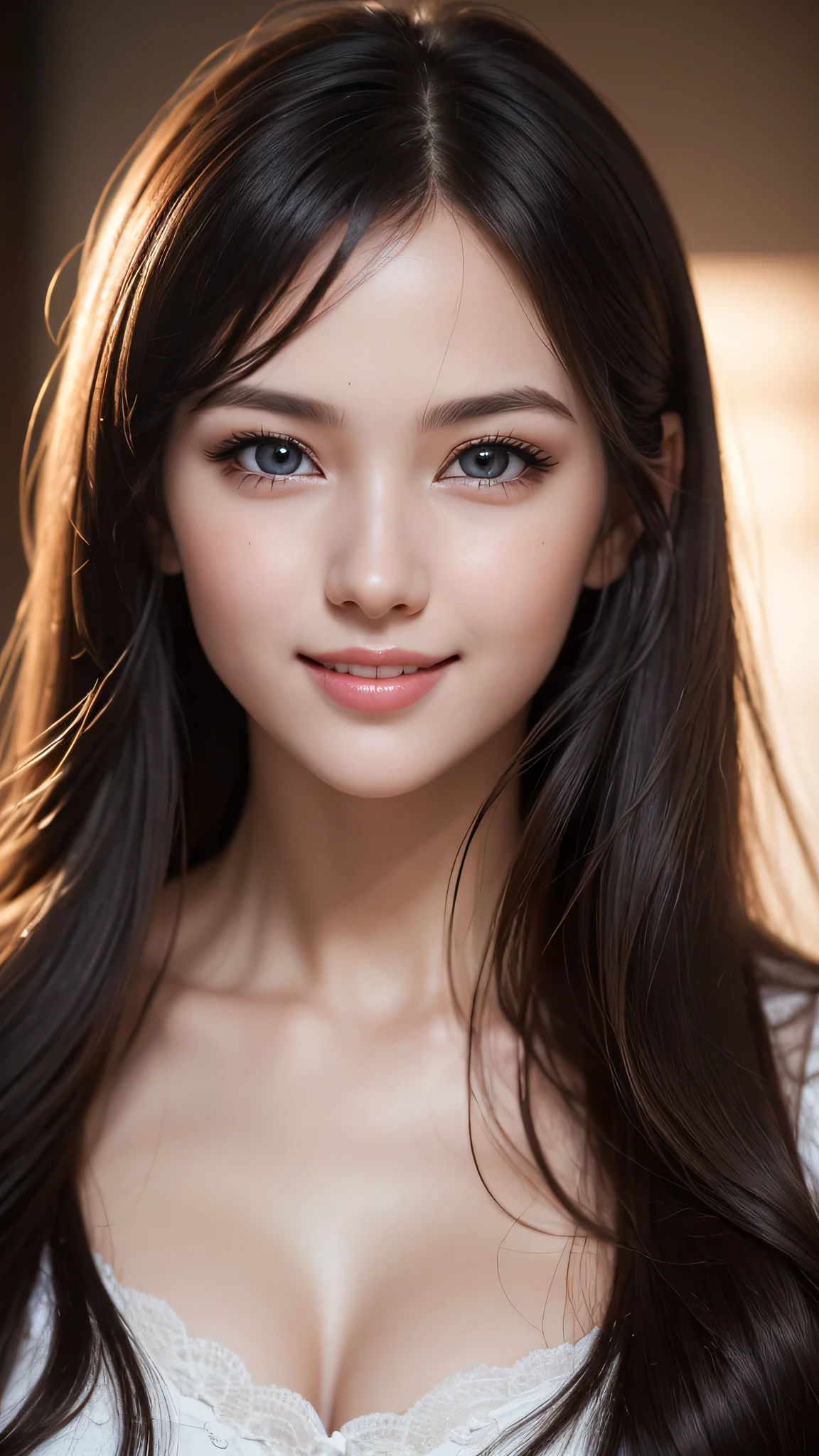 (1girl), Solo, Extremely cute, Amazing face and eyes, (Beautiful lovely smile), (extremely detailed beautiful face), bright shiny lips, (Best Quality:1.4), (Ultra-detailed), (A hyper-realistic, Photorealsitic:1.37), Beautiful fair skin, extremely detailed CG unified 8k wallpaper, RAW Photos, professional photograpy, Cinematic lighting,