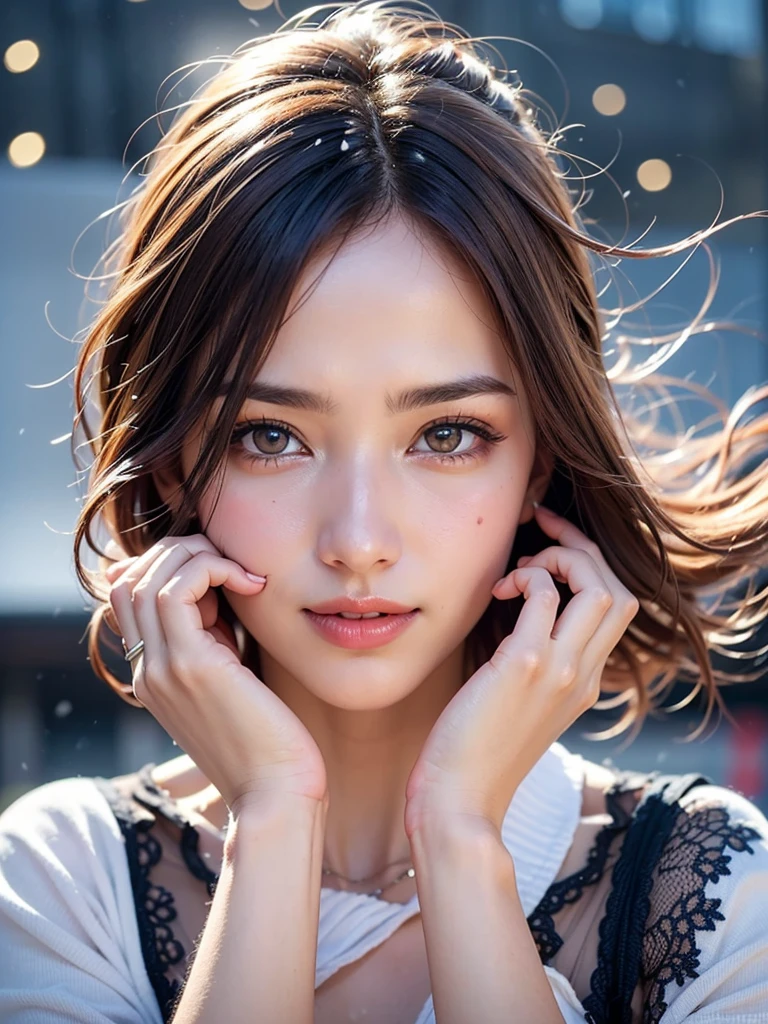 nsfw, (Masterpiece, Best Quality, Illustration, Ultra-detailed, finely detail, Hight resolution, 8K Wallpaper, Perfect dynamic composition, cinematic lighting, portrait, looking at viewer, Beautiful detailed eyes, Sexy face, Perfect beautiful hands, Raw real photos, beautiful realistic face, beautiful face, perfect face, highly detailed beautiful face and eyes, attractive face, detailed face, delicate facial features, detailed skin, shiny skin, highly detailed background, elaborately designed clothes, detailed anatomy), BREAK, gyaru makeup, lash extensions, full-face blush, smile, medium breasts, (public indecency, dynamic pose, wind, valentine:1.2), (breath, sweat, steam, snow scene:1.3)