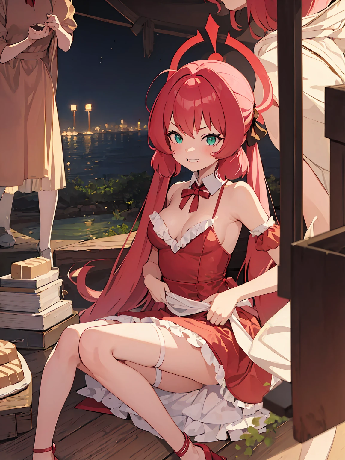 (masterpiece:1.3), (best quality:1.3), high resolution,
Upper body,
lean forward, The body faces forward,
(a cute girl:1.3), alone,
White skin, Big breasts, eight-headed person,
Light hair, long hair, red ribbon, fluffy hair, beautiful hair, green eyes, Beautiful and delicate eyes,
Grinning,
frilly dress, pink dress, (shortbread:1.3),
outdoor, Inside the castle, luxury room,
shaded lighting,