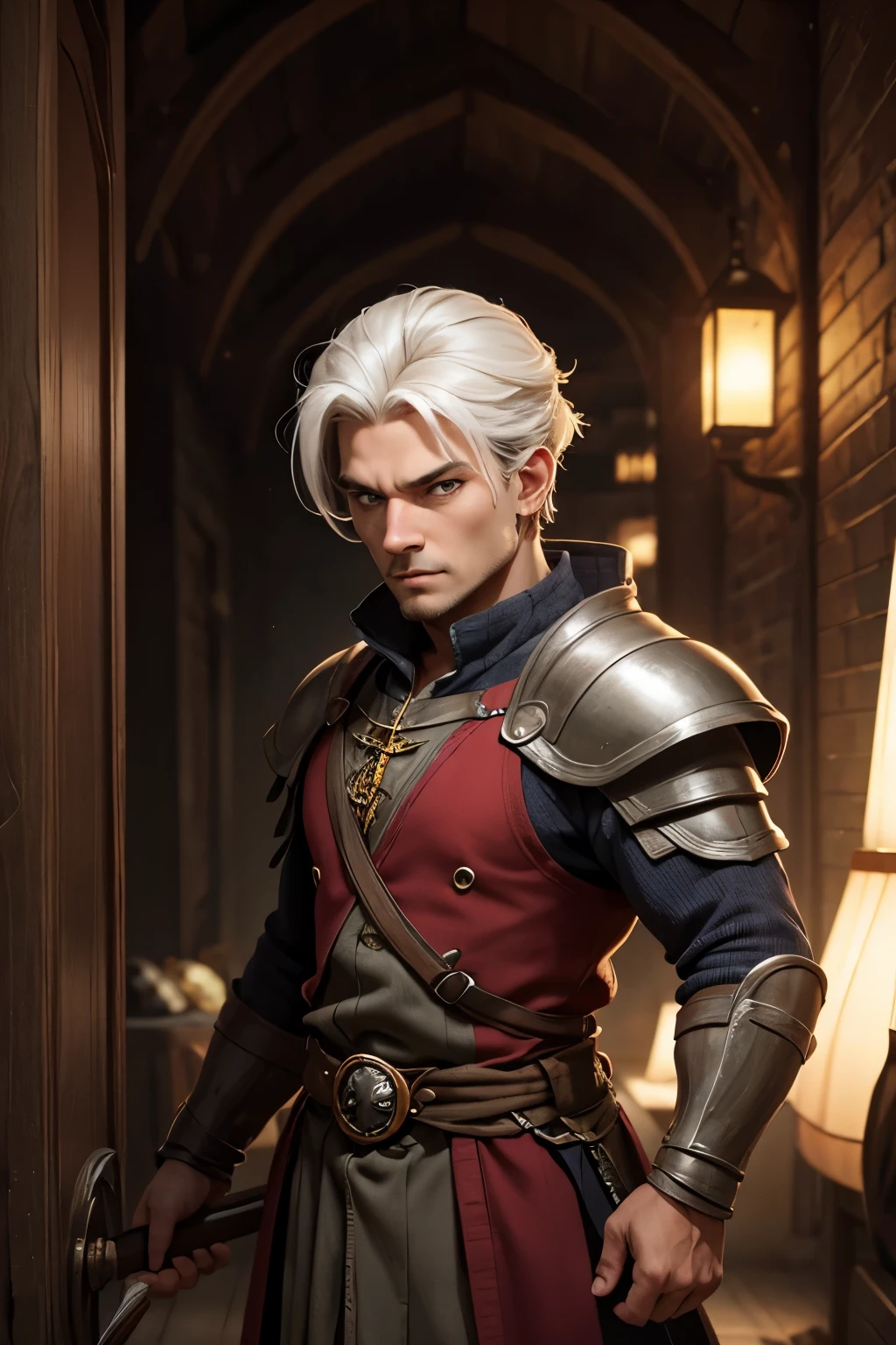 dwarf fighter man with white hair and bright grey eyes in plate mail