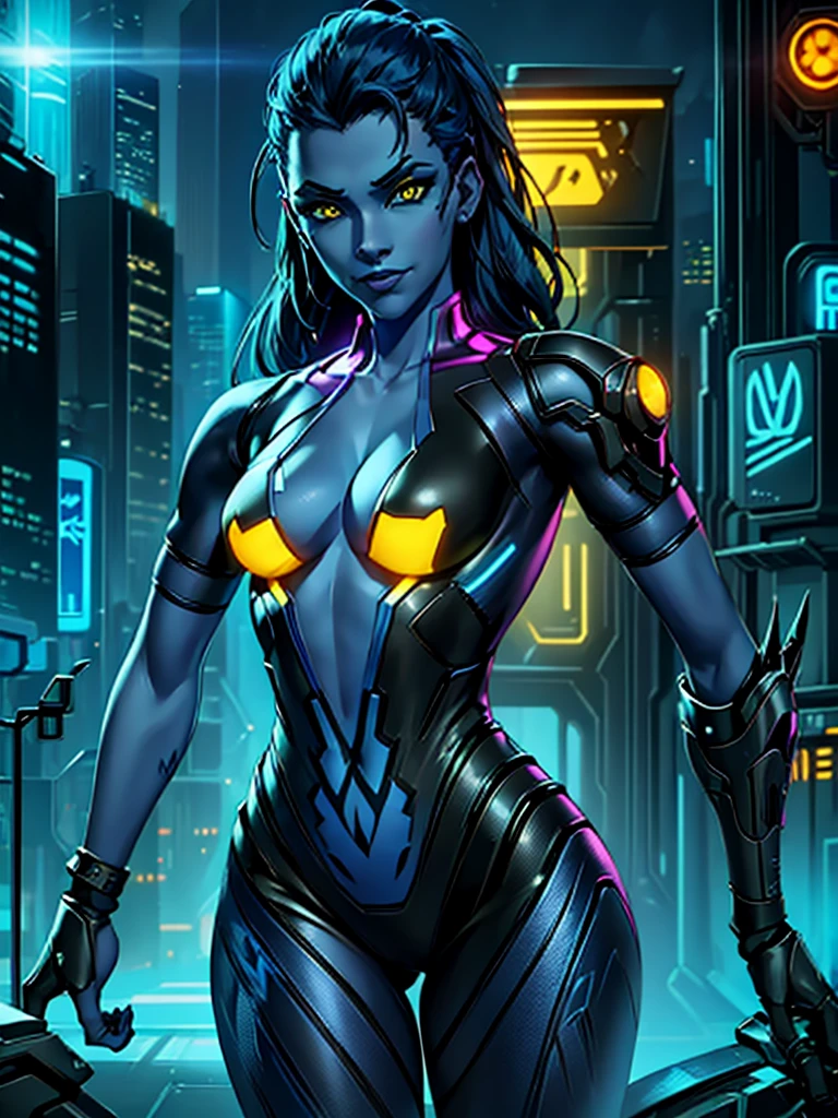 A girl with a blue skin tone, piercing yellow eyes, and a seductive smile, wearing a sleek black bodysuit with a distinctive spider emblem on her chest, standing in a futuristic urban environment with neon lights and holographic advertisements. The artwork is created using a combination of digital illustration and photorealistic techniques. The image is of the highest quality, with a resolution of 8K, ultra-detailed, and with vibrant colors. The lighting is dramatic, with a mix of cool and warm tones, creating a captivating and mysterious atmosphere. The artwork is inspired by concept artists and has a touch of sci-fi and cyberpunk aesthetics.