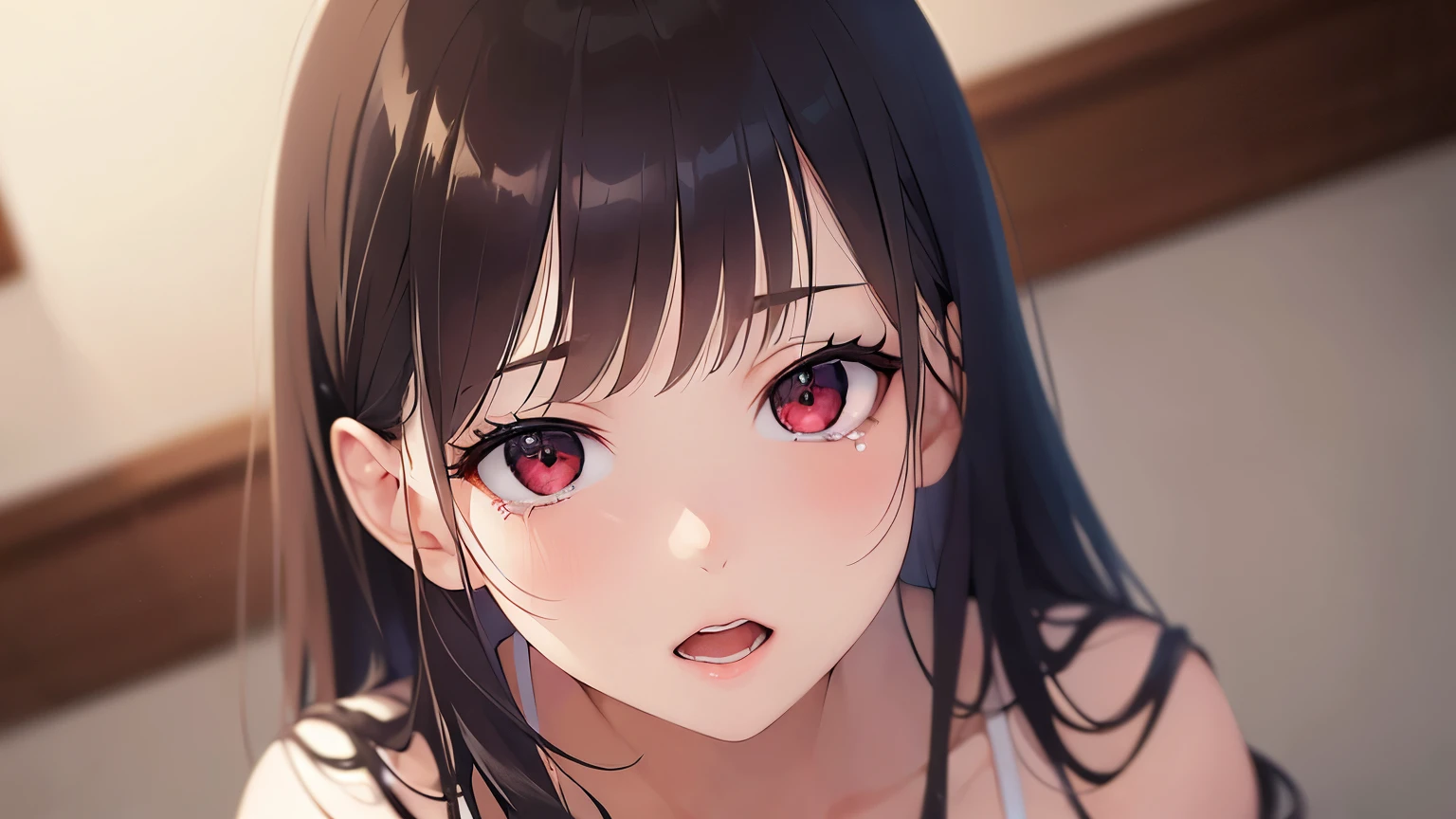 Upper Body, (cinematic angle:1.5), Realistic, real person, RAW photo, photorealistic, portrait photography, shiny skin, japanese idol、A 25-year-old woman with medium-long hair with bright chestnut bangs.、red eyes, wearing a white off-shoulder blouse、wearing a gray skirt、cleavage is visible、(wiping tears:1.4), open mouth, blush, The background is the living room、Alone、Staring,