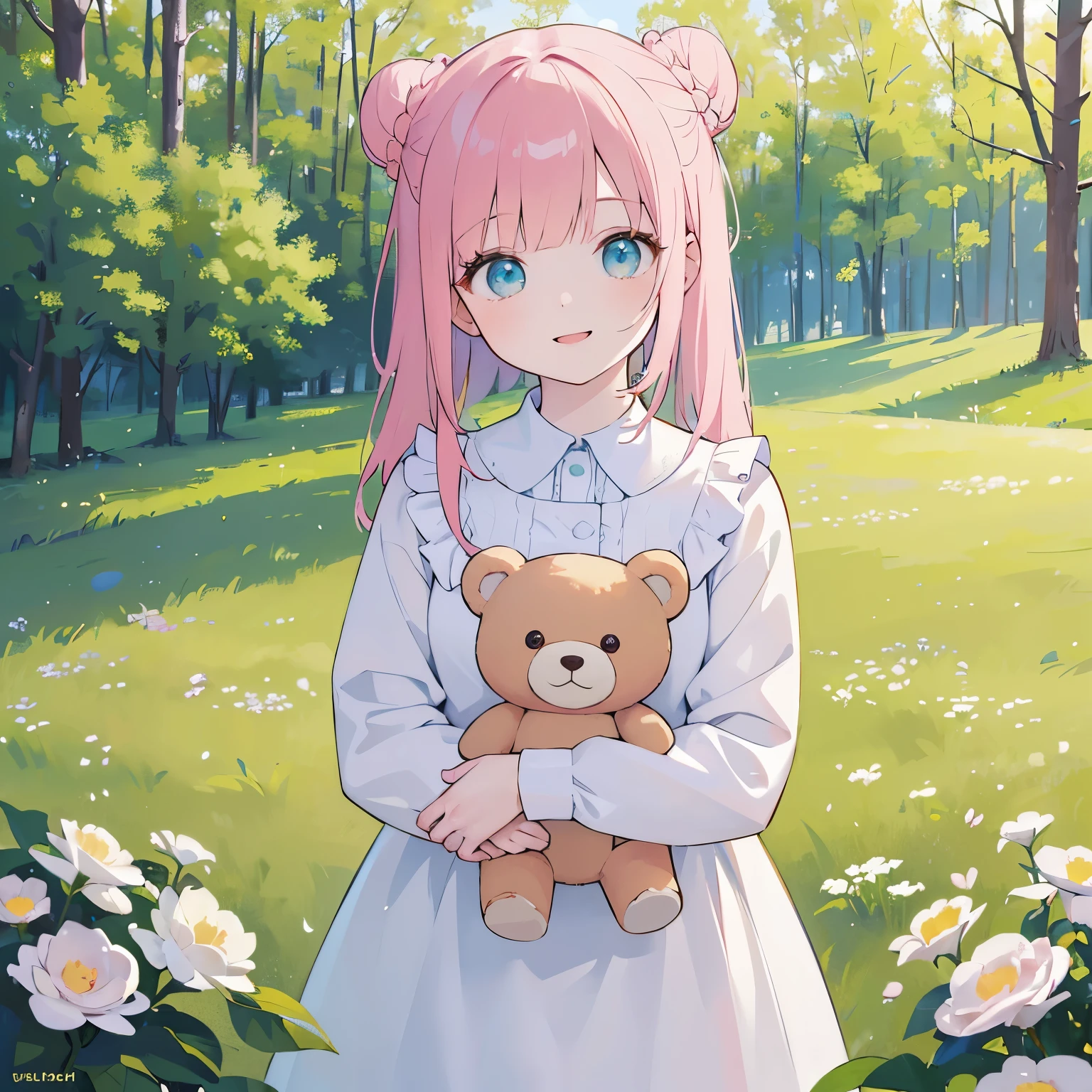 (best quality,4k,8k,highres,masterpiece:1.2),ultra-detailed,(realistic,photorealistic,photo-realistic:1.37),Illustration,Octane Render,morning park,a walking with a teddy bear, the girl has a bun hairstyle and a smiling face, vibrant colors, soft sunlight, beautiful flowers, green grass, playful atmosphere, peaceful environment,detailed textures, vibrant colors, cute teddy bear outfit, joyful expression