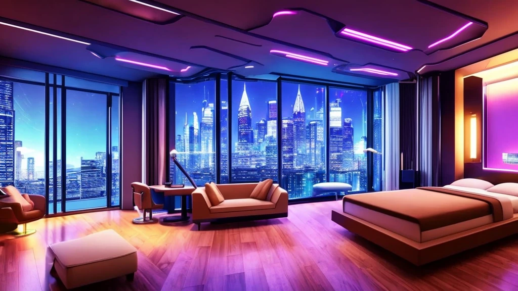 There is a bedroom with a bed and a chair, futuristic room, futuristic room background, Cozy 90s Bedroom Retro Futurism, futuristic decoration, Retro-futuristic apartment, Futuristic interior, cyberpunk teenager bedroom, Galaxy-themed rooms, futuristic decorationation, cyberpunk childrens bedroom, Cyberpunk Apartments, futuristic atmosphere, the Cyberpunk Apartments, in a cyberpunk themed room, futuristic looking living room、night outside the window