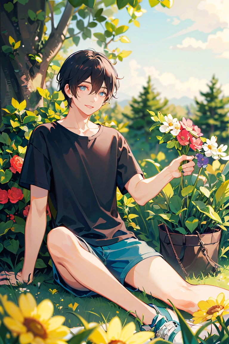 (masterpiece:1.2), best quality,PIXIV,fairy tale style,1 man with short black hair sitting in a field of green plants and flowers, warm lighting, blurry foreground, happy

