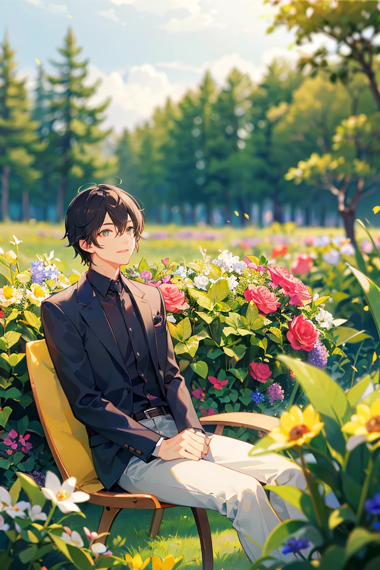 (masterpiece:1.2), best quality,PIXIV,fairy tale style,1 man with short black hair sitting in a field of green plants and flowers, warm lighting, blurry foreground, happy

