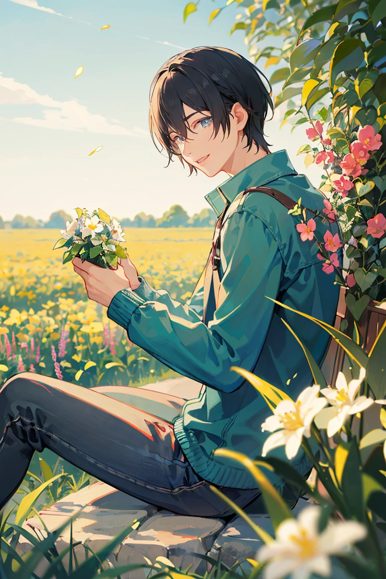 (masterpiece:1.2), best quality,PIXIV,fairy tale style,1 man with short black hair sitting in a field of green plants and flowers, warm lighting, blurry foreground, happy

