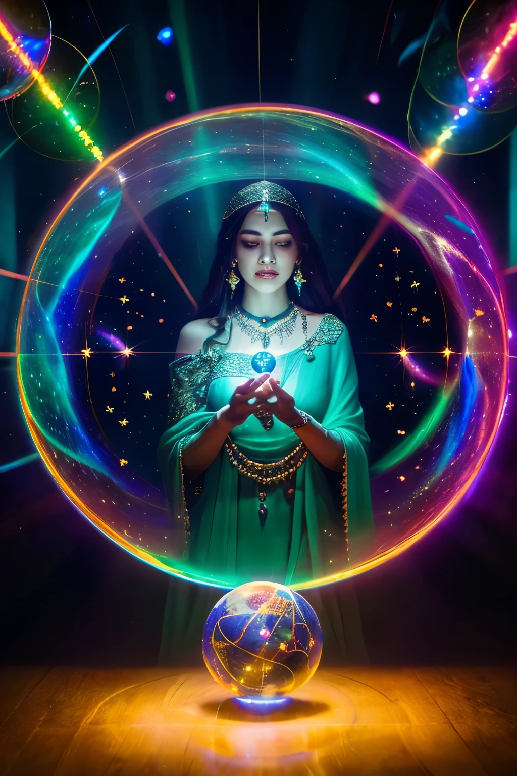 (best quality,highres),mysterious and goddess-like fortune teller, surrounded by swirling lights and shadows in a room that resembles the vastness of the universe. She wears multiple layers of circlets and necklaces, with her hands gently hovering over a large crystal ball. The room is filled with various divination tools and mystical symbols.