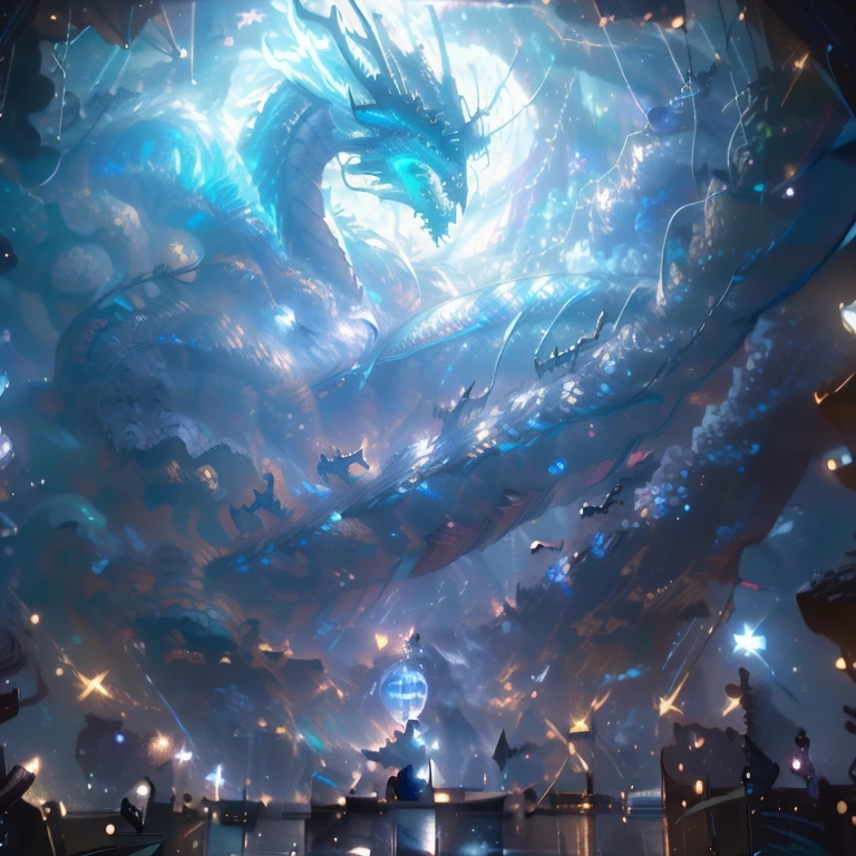 ((highest quality,8K，Unorganized resolution，16k, masterpiece: 1.3))A giant sea dragon that rules the ocean swims through a fantastic city hidden deep under the sea.，lighting like a pro，ultra wide angle，magnificent composition，divine fantastic，Depth of bounds written:1.2，A scene like an anime，precise，detailed